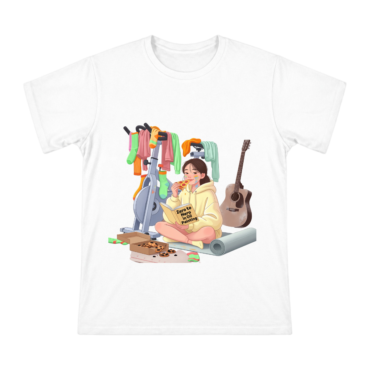 Cozy Home Art: Relaxed Girl Enjoying Pizza and Painting on Men's Short Sleeve T-Shirt front [ai-pod:cd7ef9efcb546778c638fa81340d3d5a]