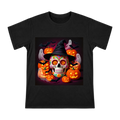 Halloween Sugar Skull with Witch Hat and Jack-o'-Lanterns Men's Custom Print T-Shirt front [ai-pod:427706a6317f9d6a19c63a2a52949db2]