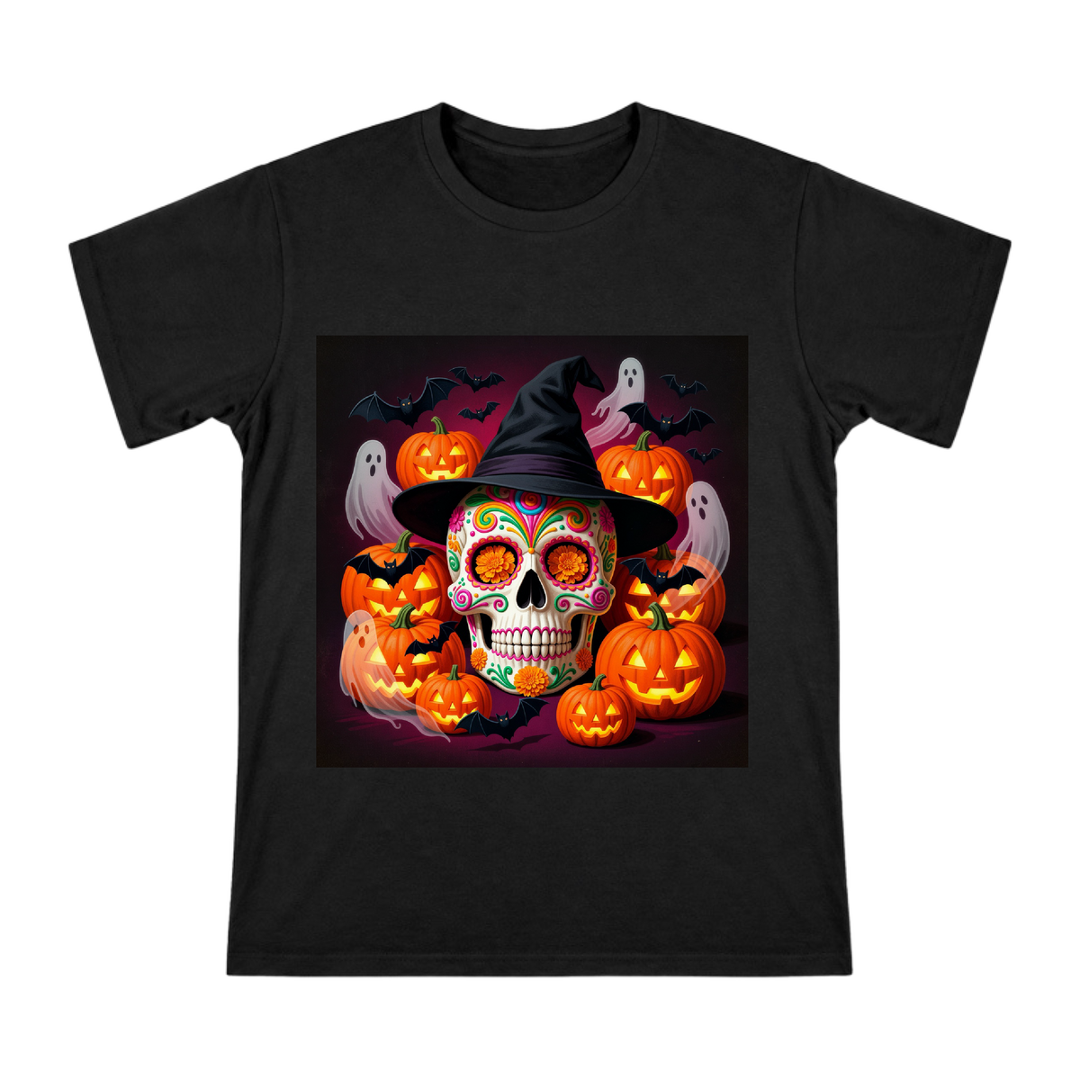 Halloween Sugar Skull with Witch Hat and Jack-o'-Lanterns Men's Custom Print T-Shirt front [ai-pod:427706a6317f9d6a19c63a2a52949db2]