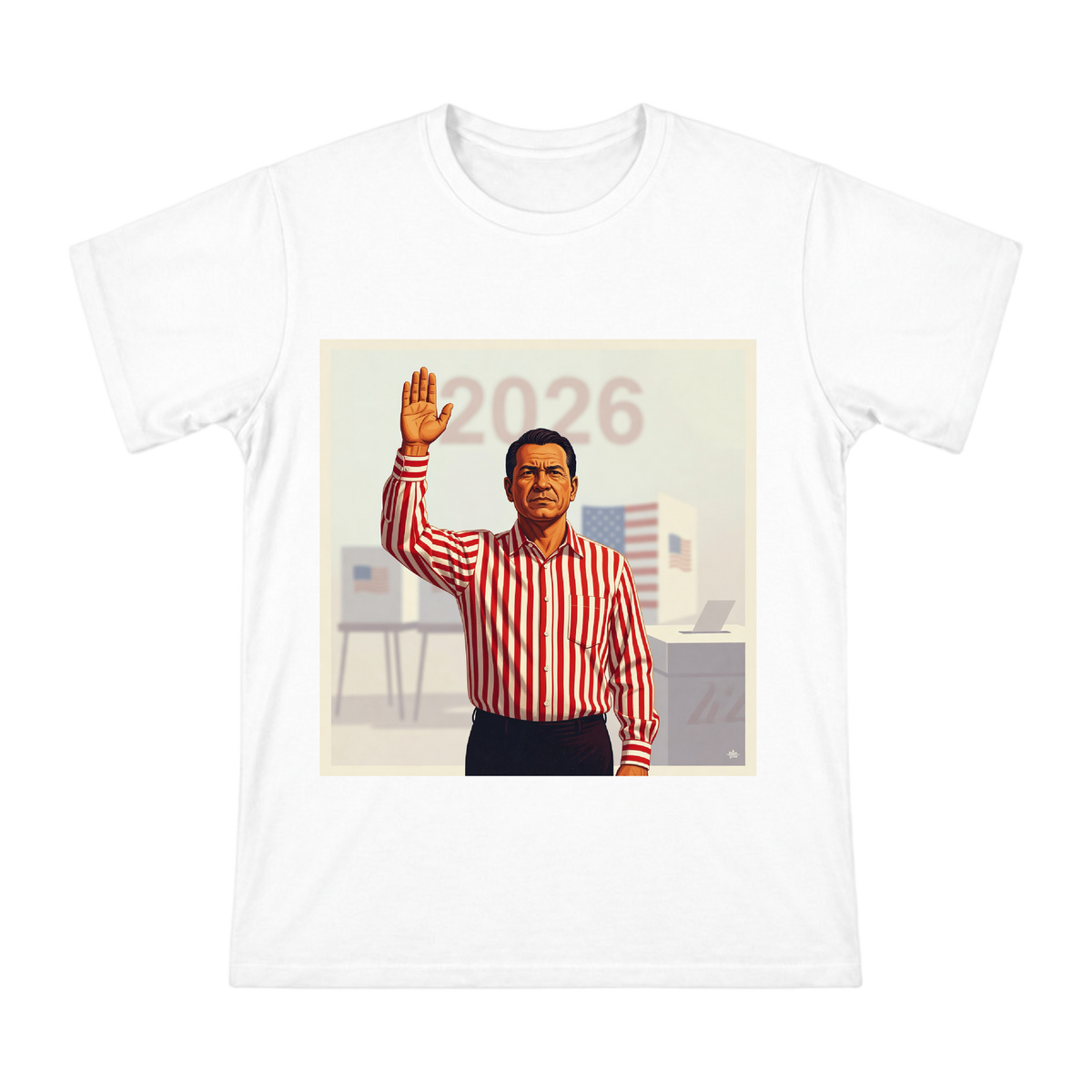 Vintage Red and White Striped Shirt Man Swearing In Digital Art Print Men's T-Shirt front [ai-pod:3f08dd7d0fd1c09fed55d9e55aea69f7]