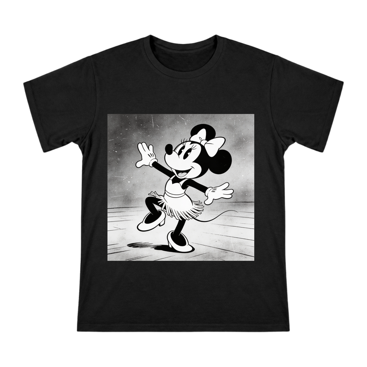 Retro Black-and-White Minnie Mouse Charleston Dance T-Shirt front [ai-pod:b89a4c63061e93884598129ff2102662]