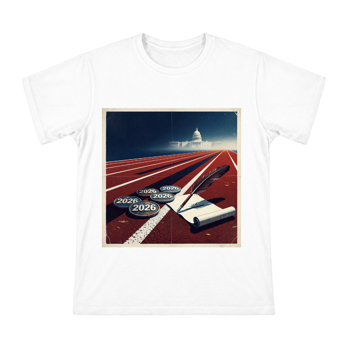 2026 Retro Political Campaign Badge and Quill Scroll Illustration on Men's Short Sleeve T-Shirt front [ai-pod:ff0c038f54b6871945dab6ec440f1238]
