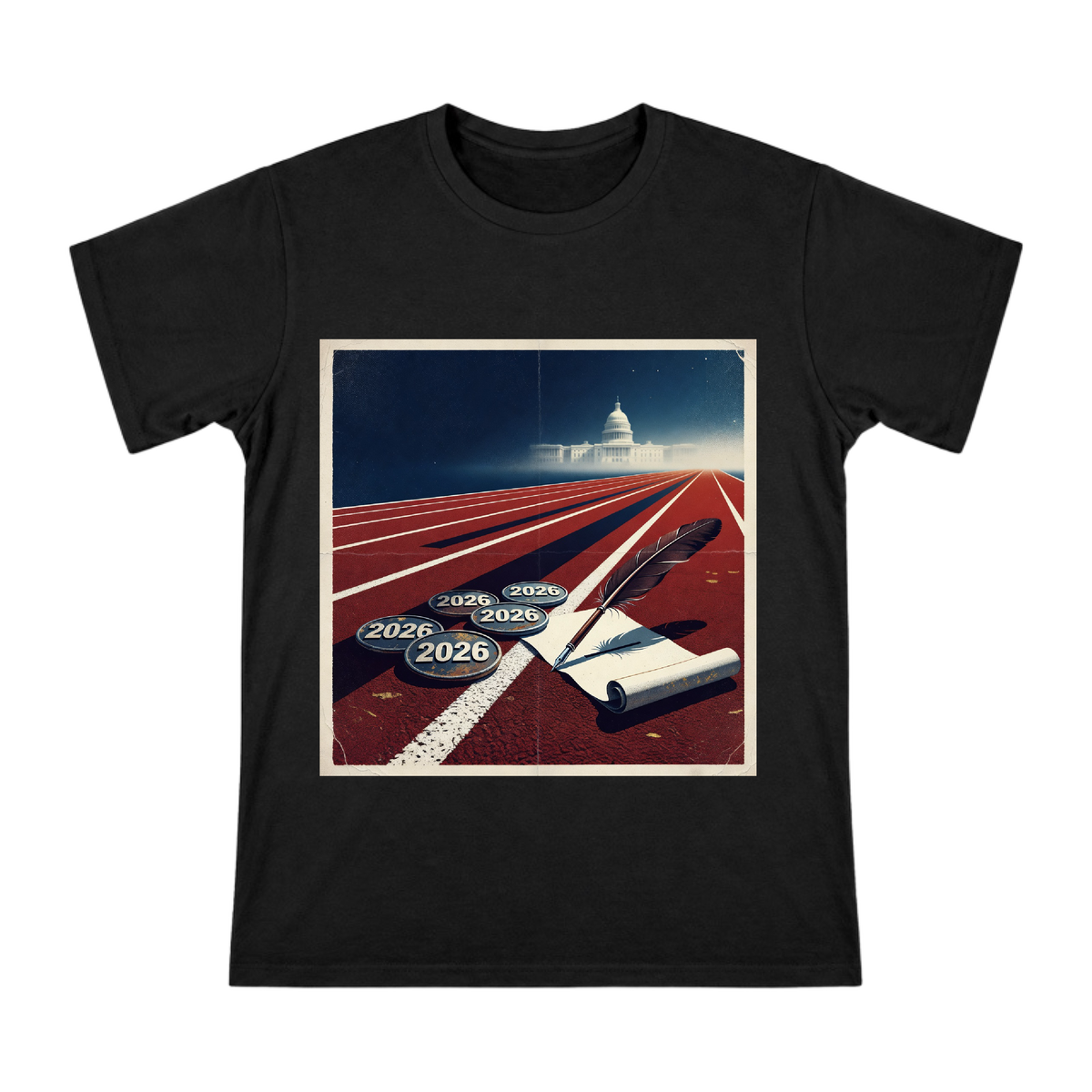 2026 Retro Political Campaign Badge and Quill Scroll Illustration on Men's Short Sleeve T-Shirt front [ai-pod:3290ee32eb5548df5e44fec56bbf6603]