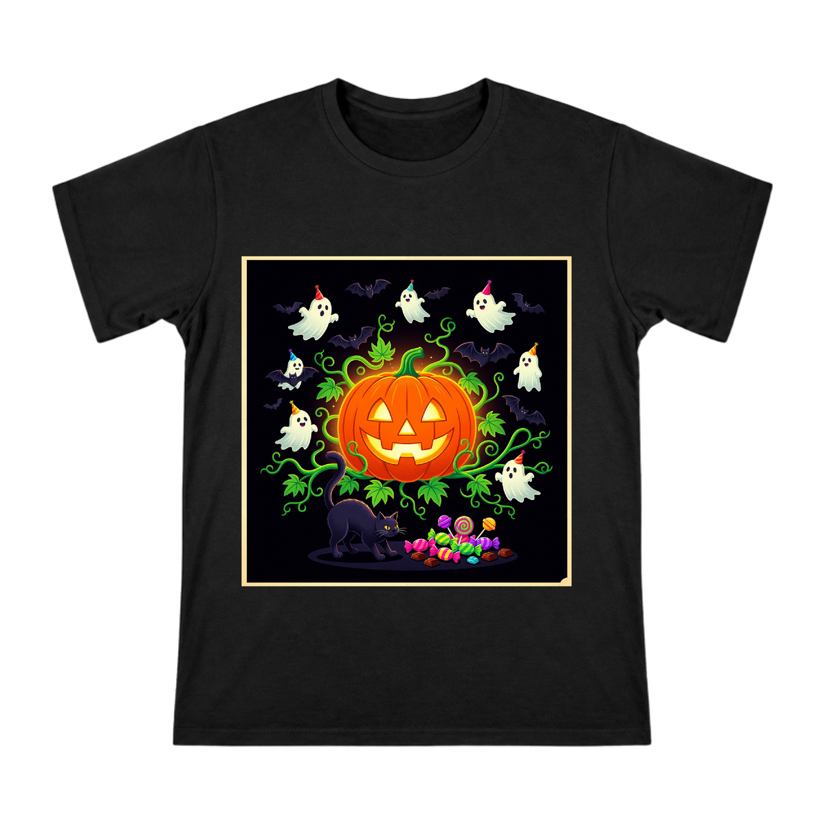 Halloween Pumpkin Ghost and Cat Men's Cotton T-Shirt front [ai-pod:08866327337e3881546e5f6b8bee0ad2]