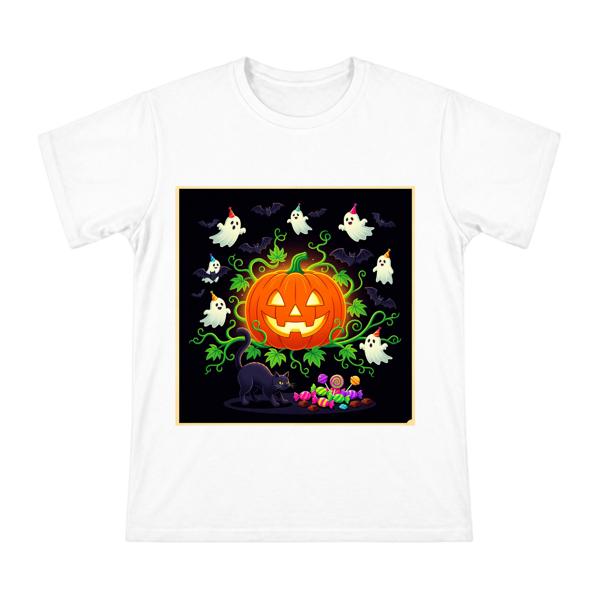 Halloween Pumpkin Ghost and Cat Men's Cotton T-Shirt front [ai-pod:e904d4c906426c07e0a8c1577e8cd336]