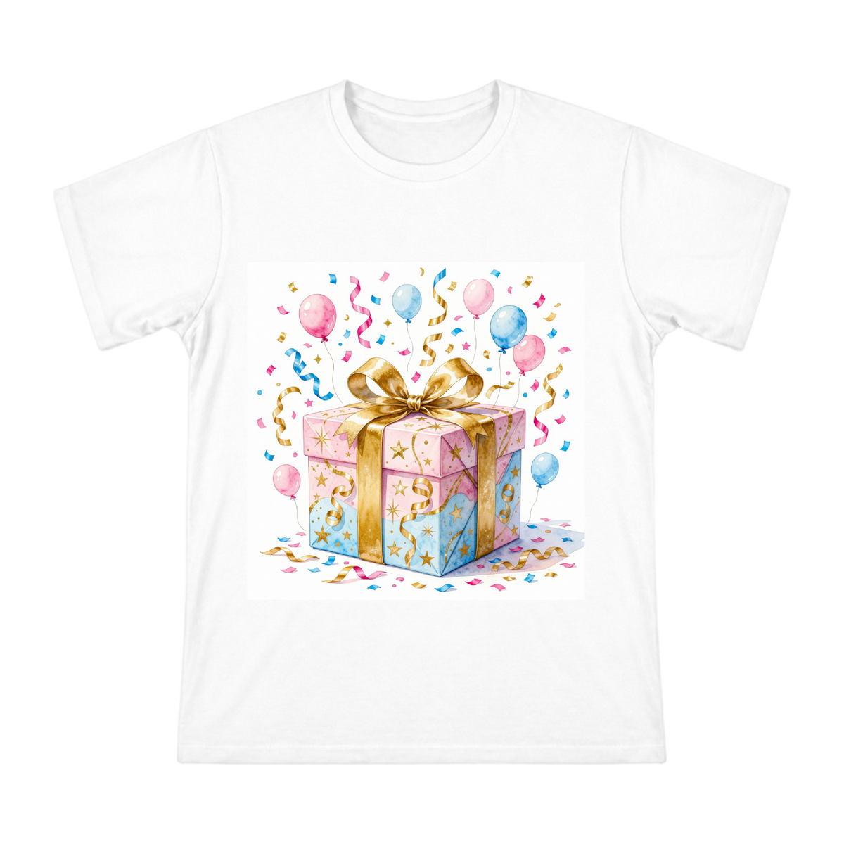 Watercolor Pink and Blue Gift Box with Gold Bow Men's Custom T-Shirt front [ai-pod:81cec0a9de244423be2ce8be29405b43]