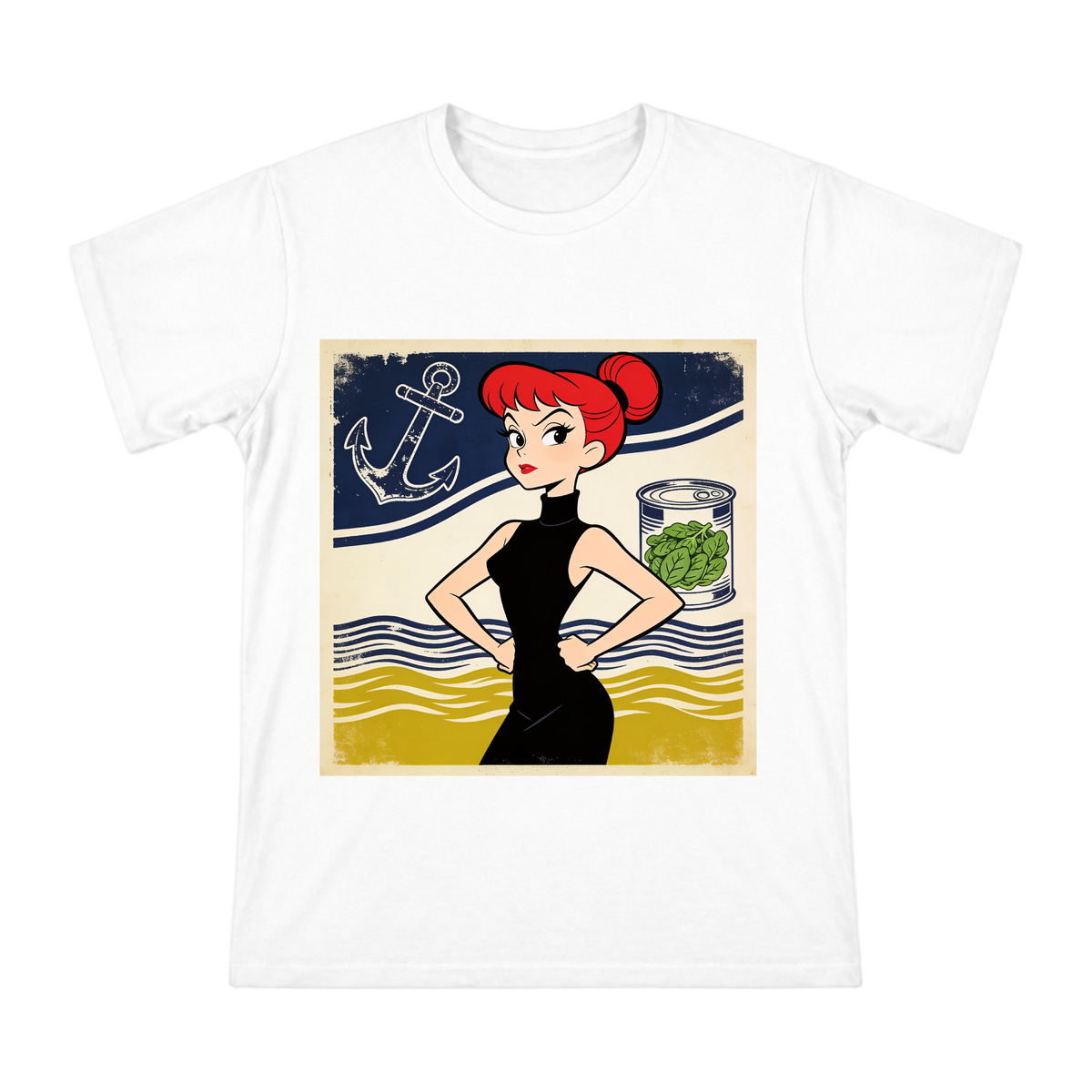 Vintage Red-Haired Cartoon Woman in Black Dress Men's Custom Print T-Shirt front [ai-pod:0187efb432fe94ba30aed500ddc35286]