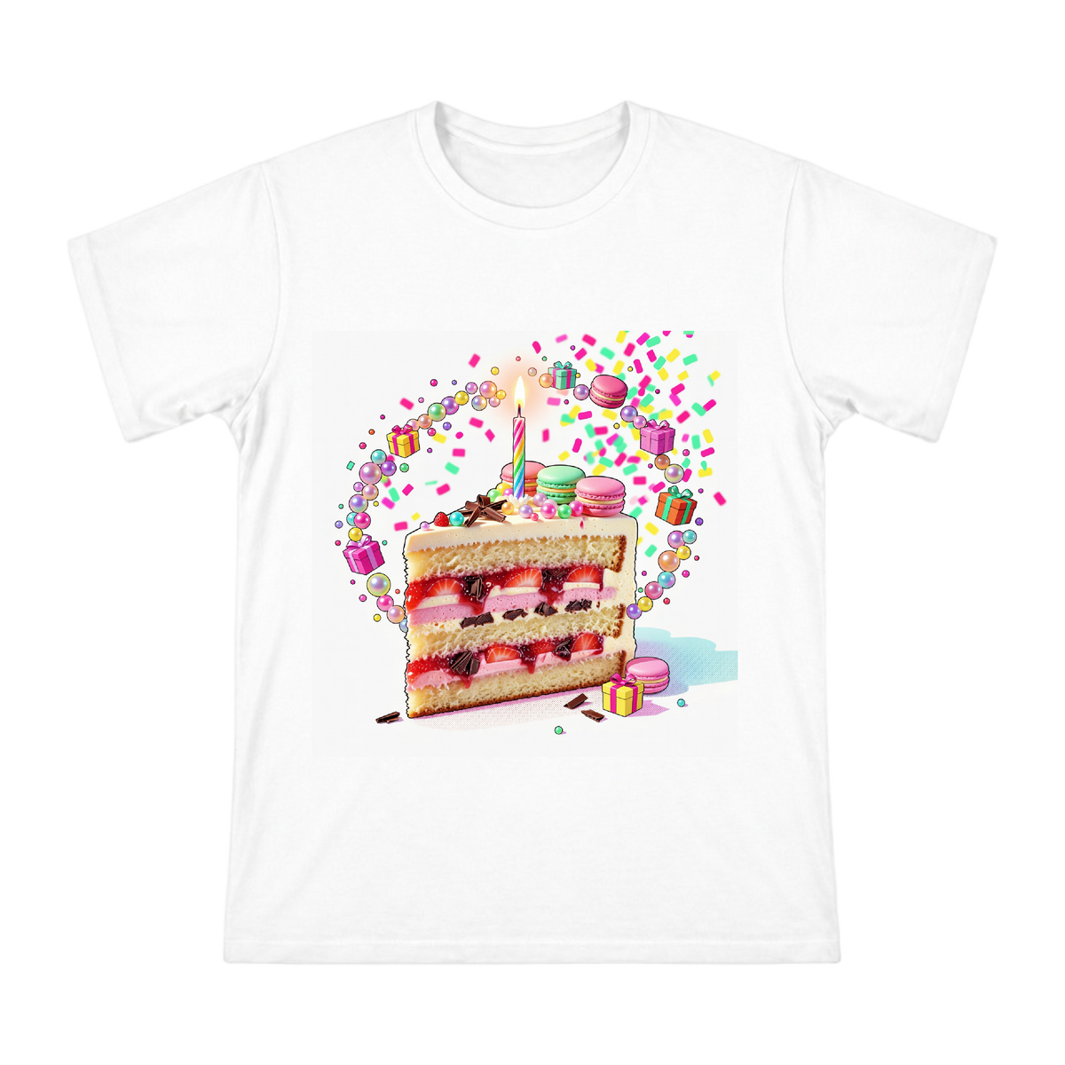 Retro Pop Birthday Cake Illustration T-Shirt front [ai-pod:63d5b99b6d38072b1b63734af2431b54]
