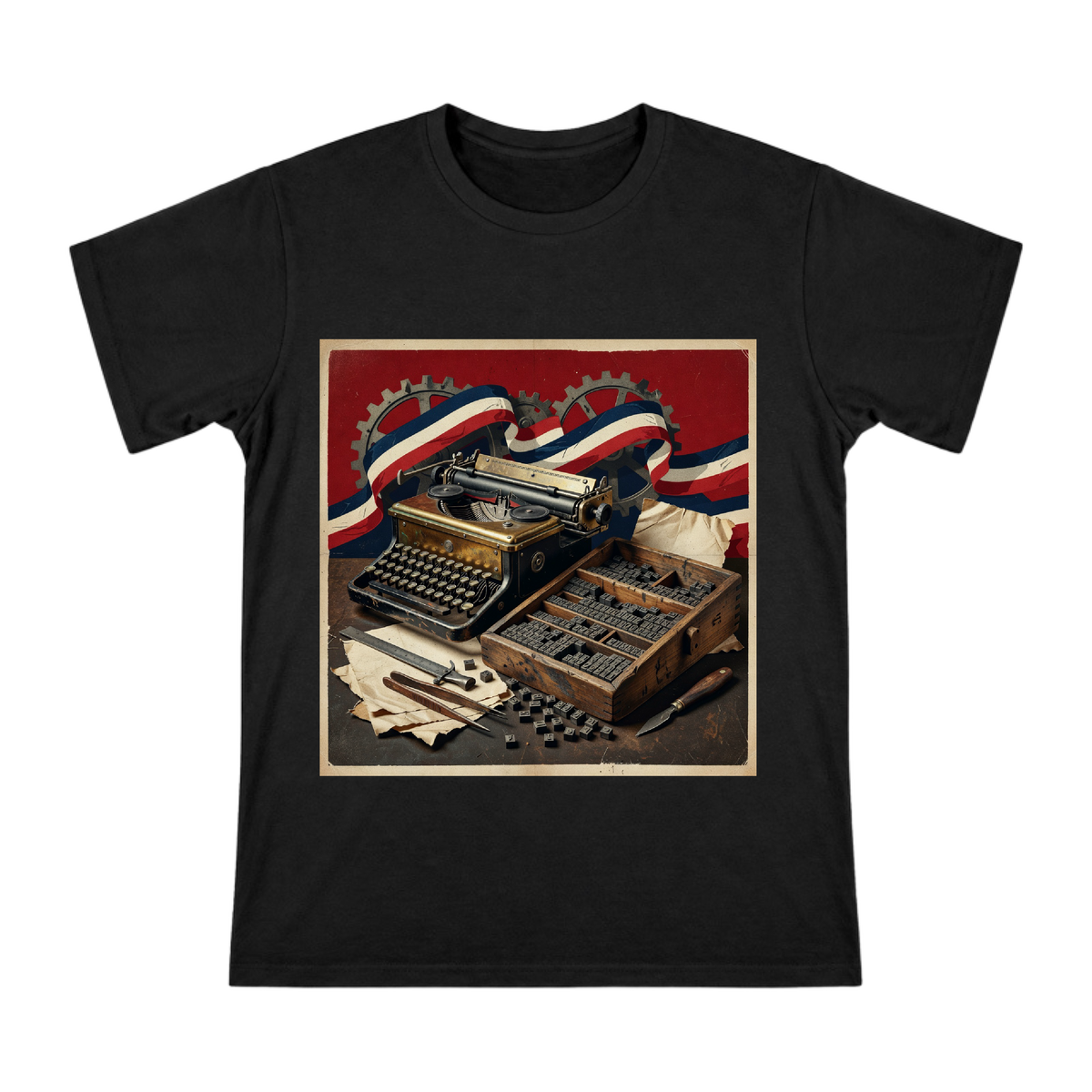 Vintage Typewriter and Typesetting Art Men's Cotton T-Shirt front [ai-pod:8a188a619e6bc9842fef5c31594ead23]