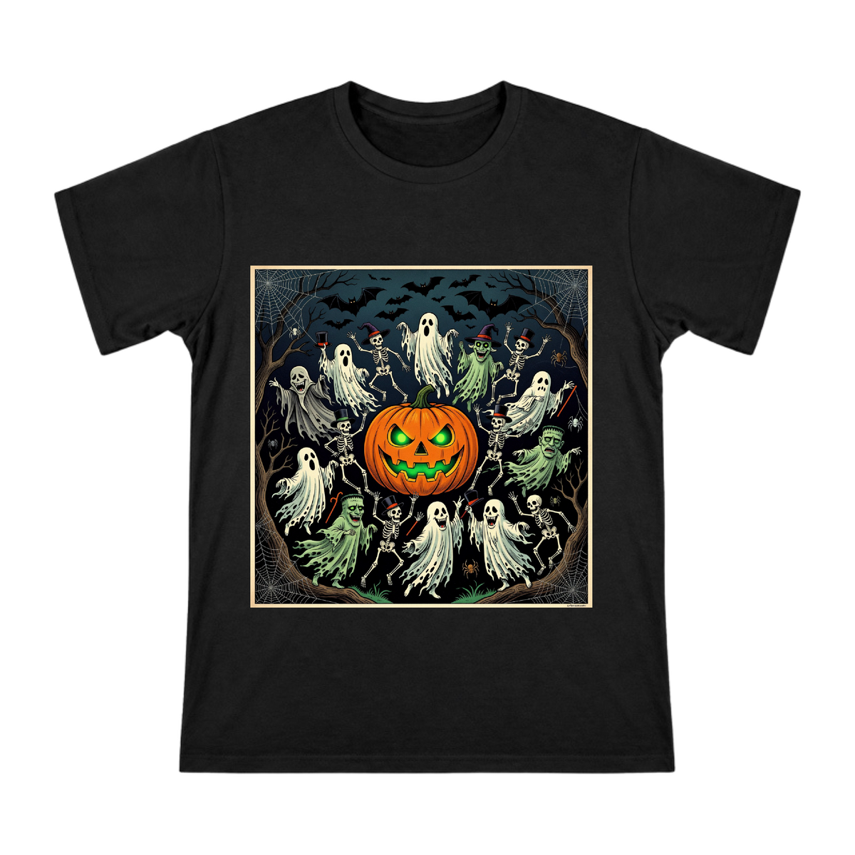 Retro American Halloween Pumpkin and Dancing Skulls Men's Short Sleeve T-Shirt front [ai-pod:5fe0b7035e608f478678e2cb93454094]