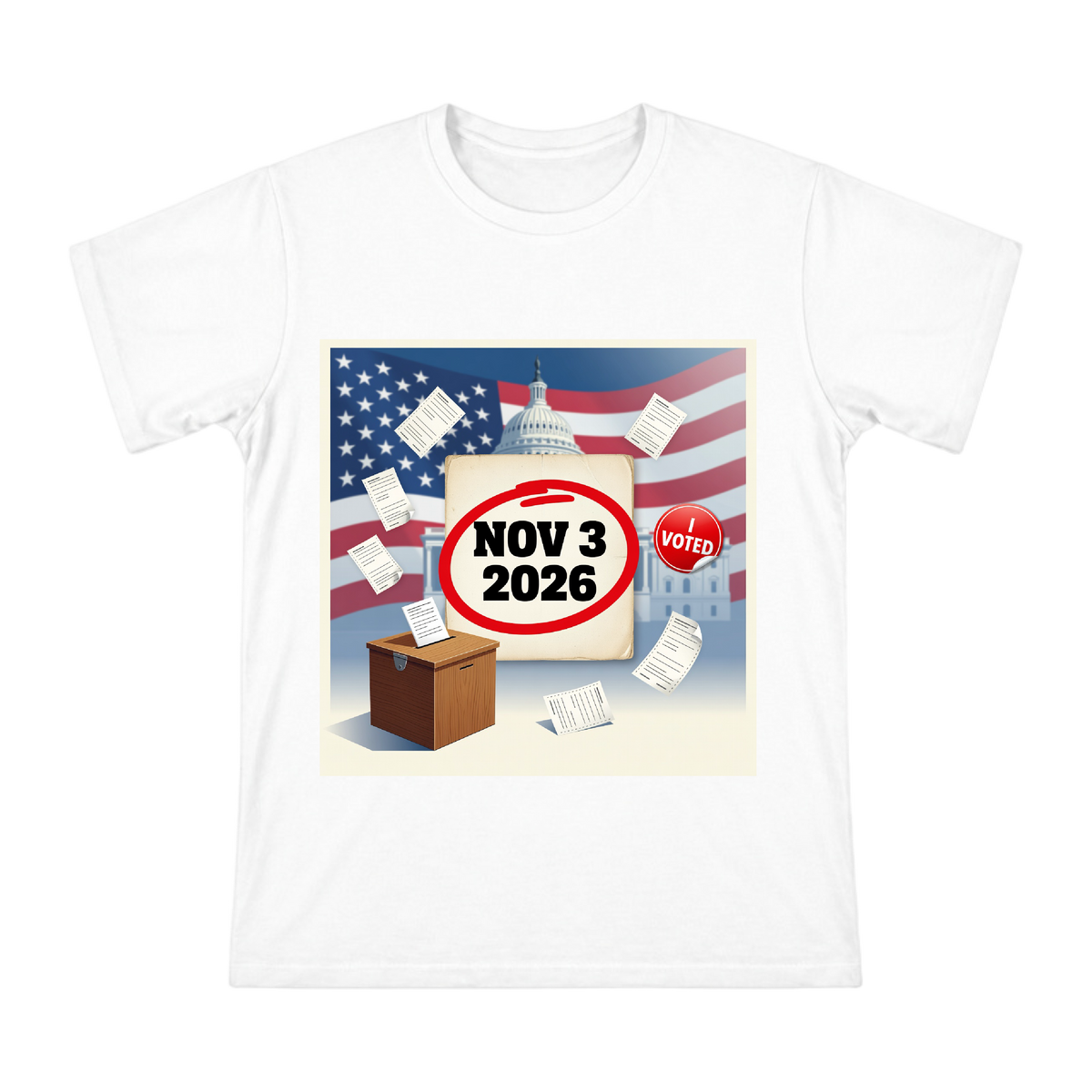 2026 US Midterm Election Calendar and Ballot Box Illustration Men's Short Sleeve T-Shirt front [ai-pod:6faee17a6ee1e9e7a169ca42dde3013e]