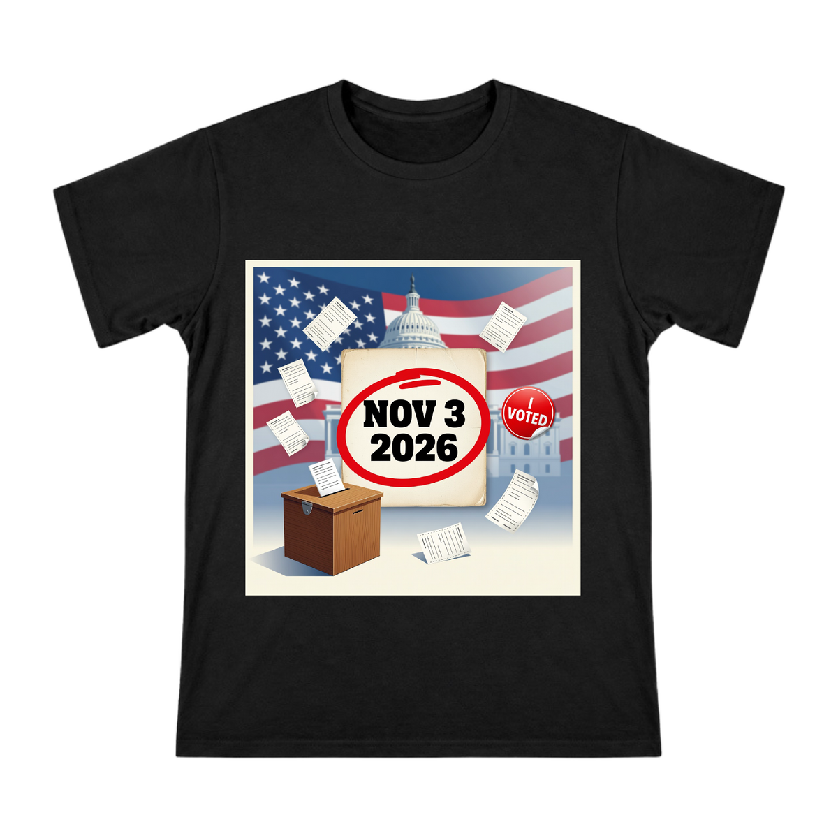 2026 US Midterm Election Calendar and Ballot Box Illustration Men's Short Sleeve T-Shirt front [ai-pod:0d17f5f4a987a3989f87117a297ac711]