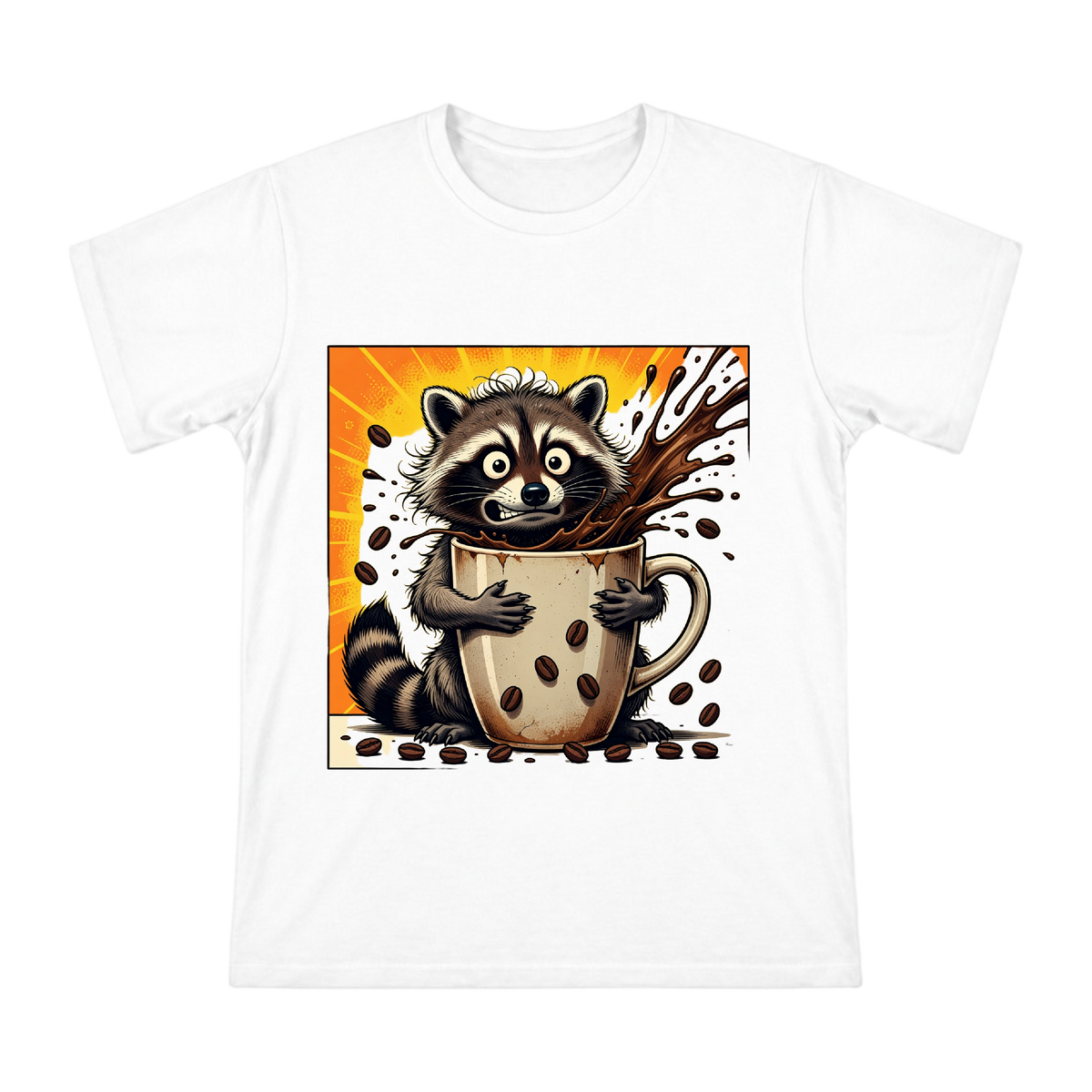 Raccoon Hugging Coffee Cup Retro Comic T-Shirt front [ai-pod:82a821e9aeb332b69e525544f4304ca0]