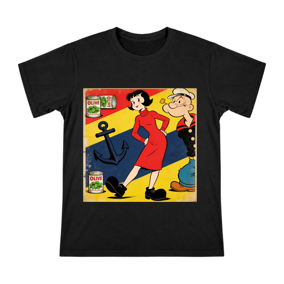 Retro American Cartoon Olive Oyl and Popeye Art Men's Cotton T-Shirt front [ai-pod:7dd134a6ee9ab8ed0656a25256159caf]