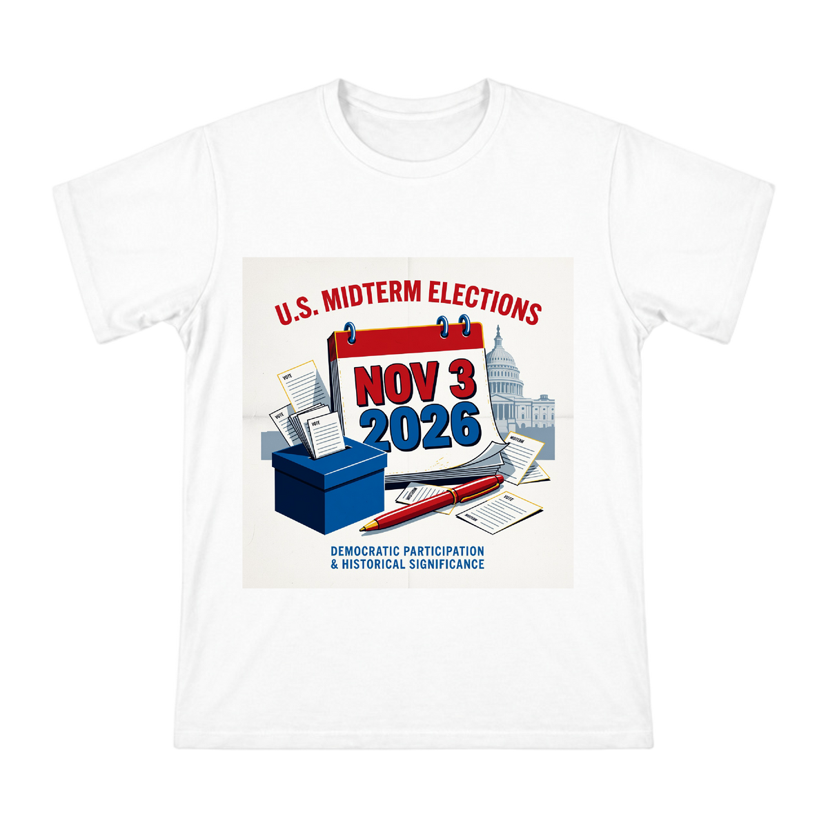 2026 U.S. Midterm Election Calendar and Ballot Box Illustration Men's Short Sleeve T-Shirt front [ai-pod:46d48e205cc19b990813f822815abce0]