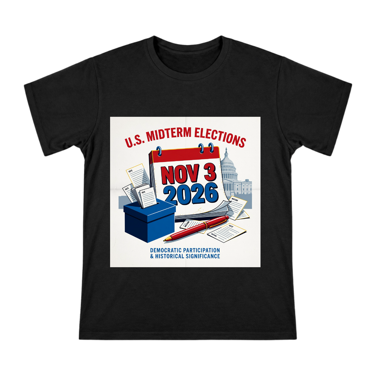 2026 U.S. Midterm Election Calendar and Ballot Box Illustration Men's Short Sleeve T-Shirt front [ai-pod:34b5588ec66b504486b4e7a2ba8a33f3]