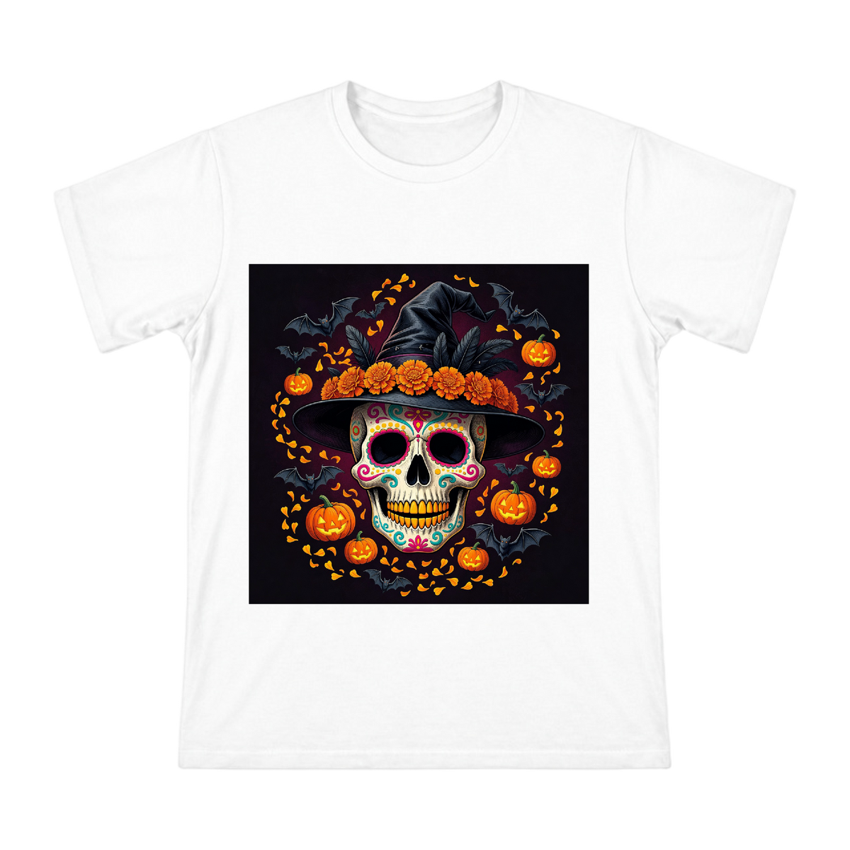Sugar Skull Witch Hat Halloween T-Shirt front [ai-pod:bb388a8dbc0fdabe059321464d7f6e83]