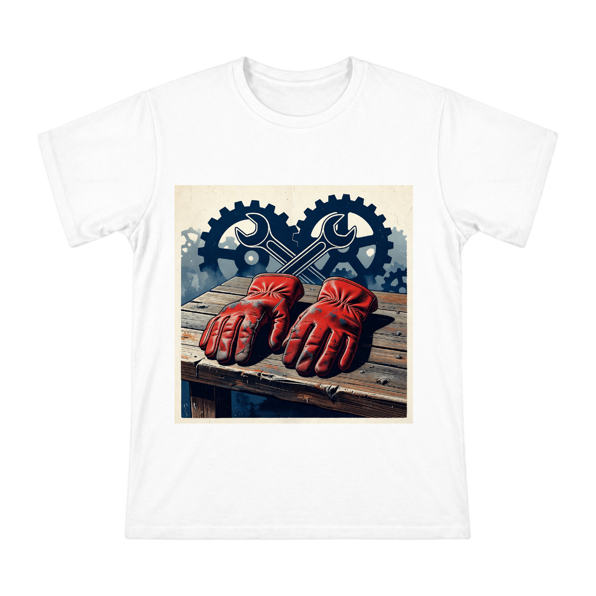 Retro Woodblock Labor Day Red Work Gloves Men's Custom T-Shirt front [ai-pod:7495b6237be3d5c8c7bf01b0b737dffa]