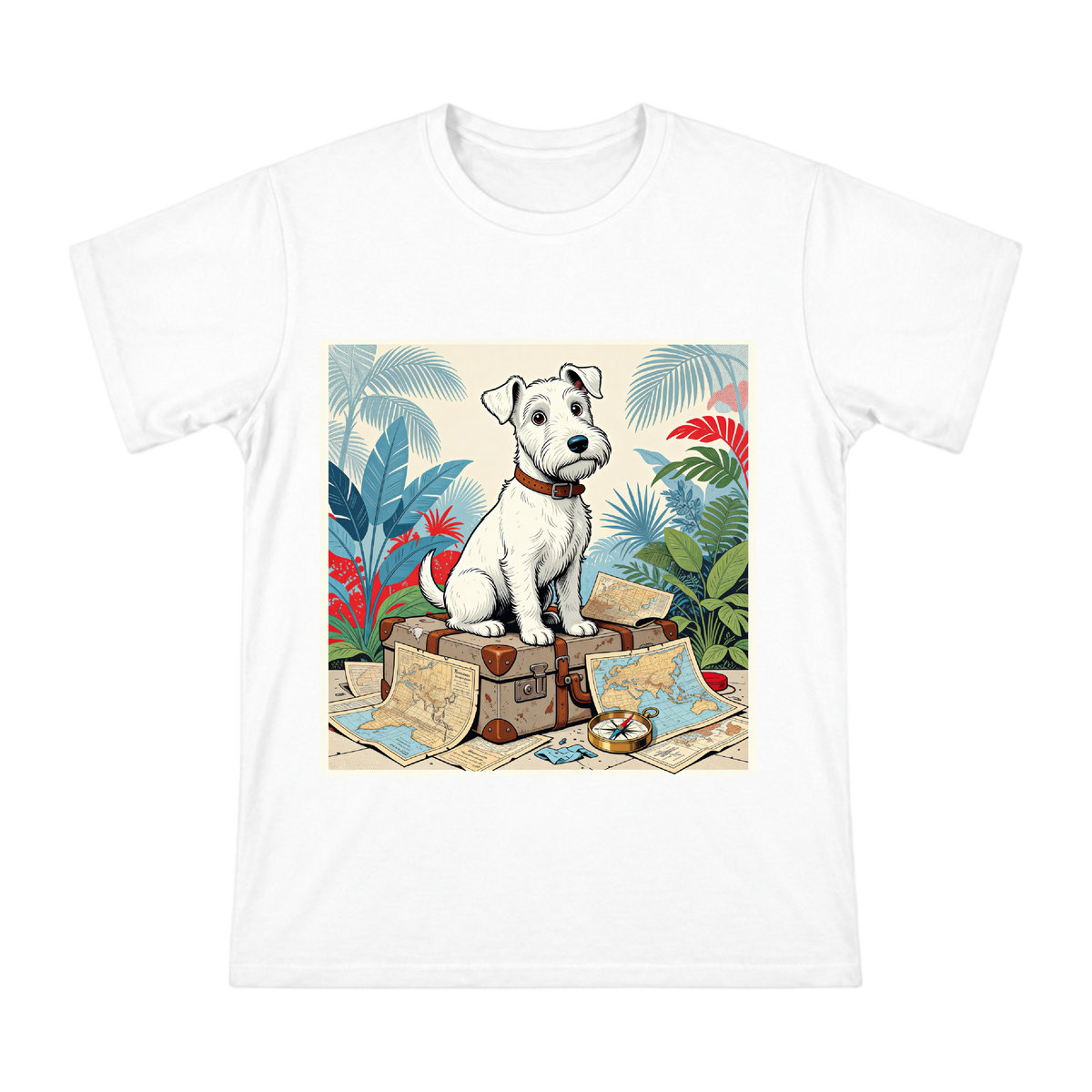 Vintage Explorer Wire Fox Terrier and Tropical Map Men's Short Sleeve T-Shirt front [ai-pod:6b7d129efcac621cb14dd2c14f918b8e]
