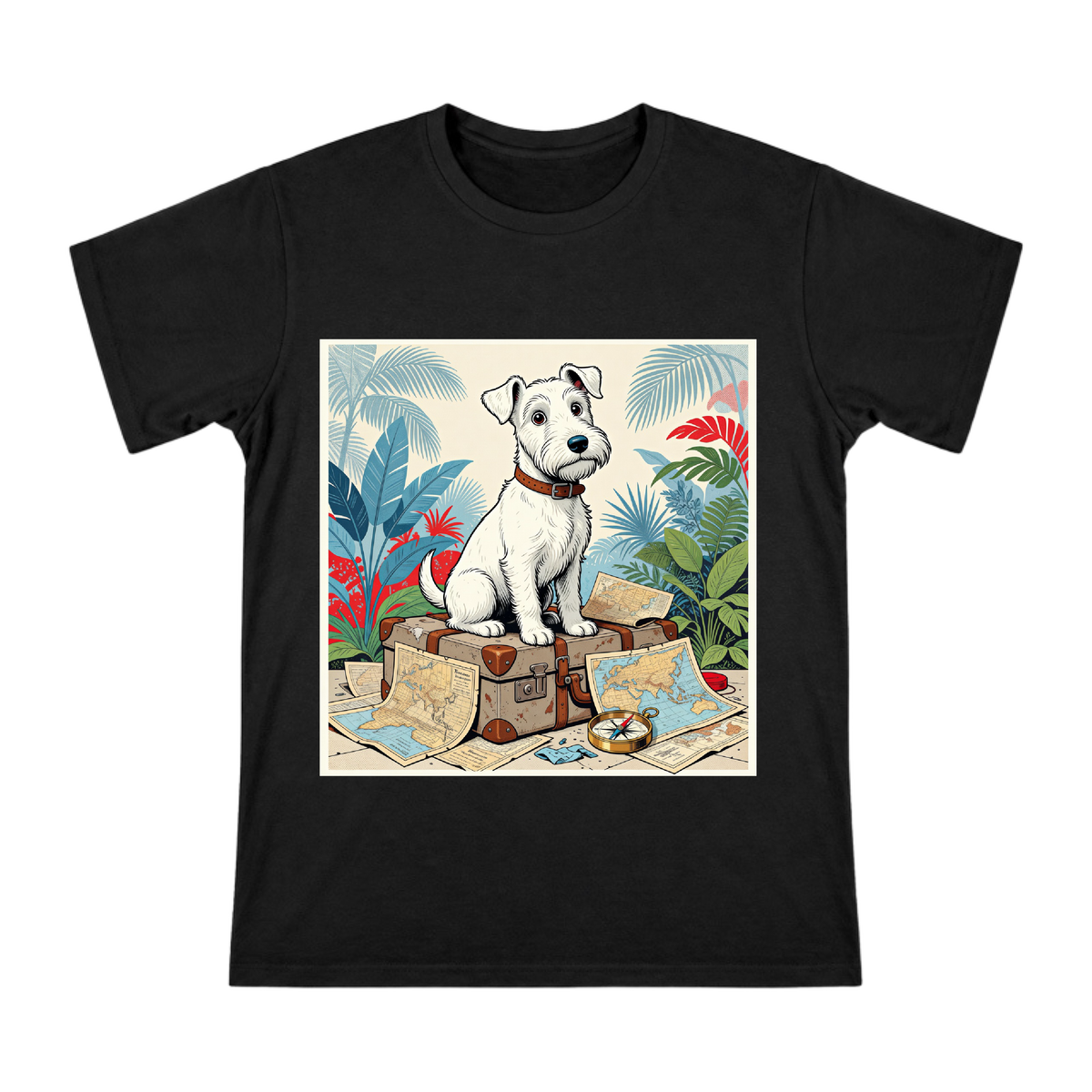 Vintage Explorer Wire Fox Terrier and Tropical Map Men's Short Sleeve T-Shirt front [ai-pod:2c47766ad344865772e9c0c79b5fb93a]