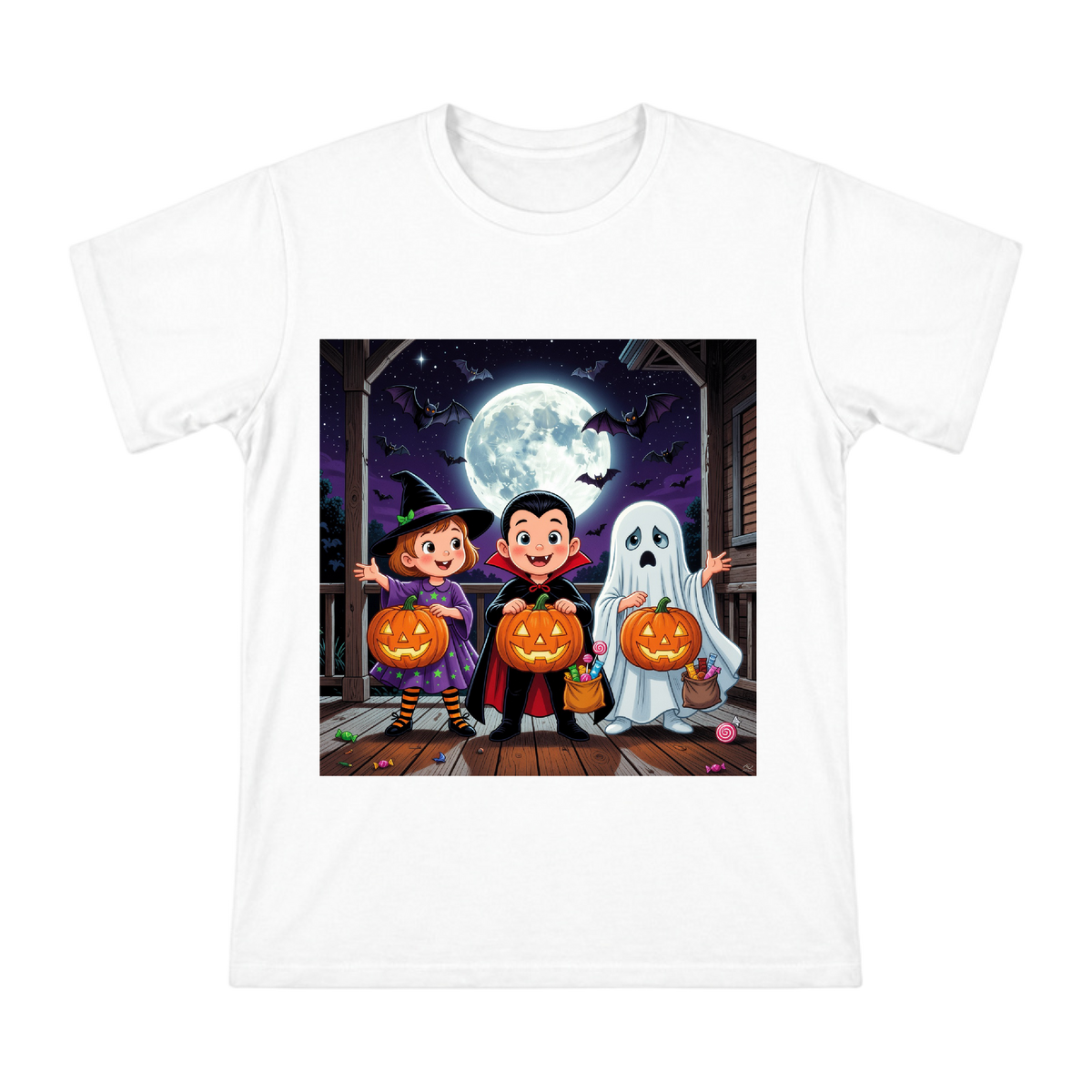 Cute Halloween Trio Witch Vampire Ghost T-Shirt front [ai-pod:90336b56efdf20382483326907bc08c8]
