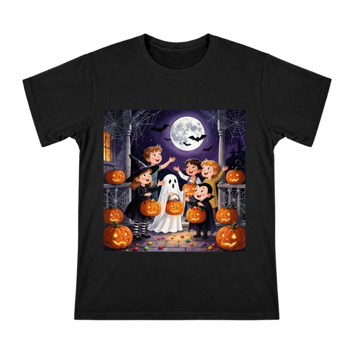 Cute Halloween Children Trick-or-Treat Illustration Men's Cotton Short Sleeve T-Shirt front [ai-pod:3680b71db1bc7e1f678b18169fef266e]