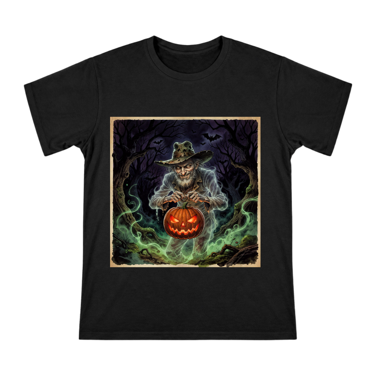 Ghost Jack and Pumpkin Lantern in Dark Forest Men's Cotton T-Shirt front [ai-pod:c33d685e5205ab5c66b33860d1fc25c9]