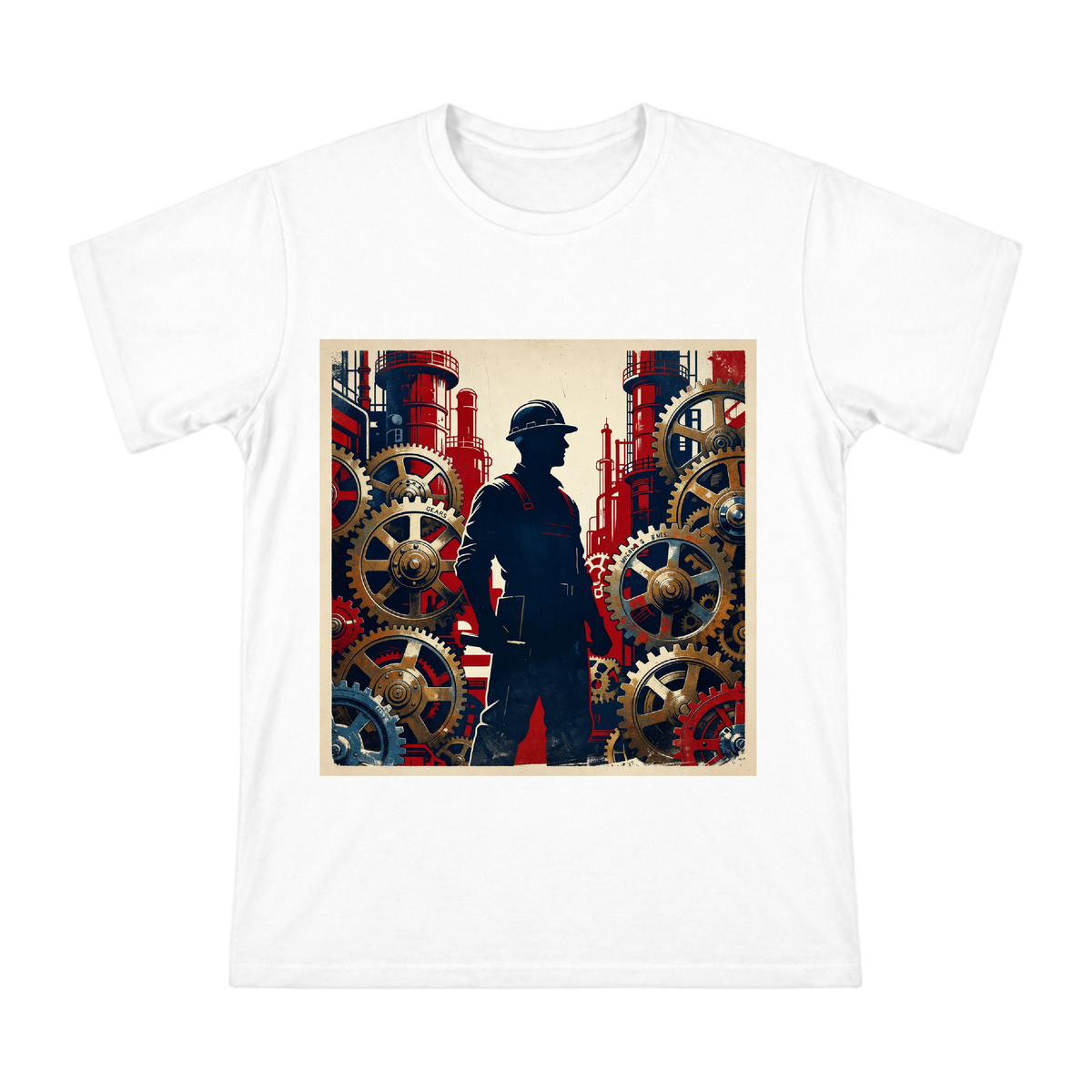 Industrial Worker and Gear Vintage Illustration Men's Cotton T-Shirt front [ai-pod:7e26ff56d3e54a785f516a5c29b92eb5]