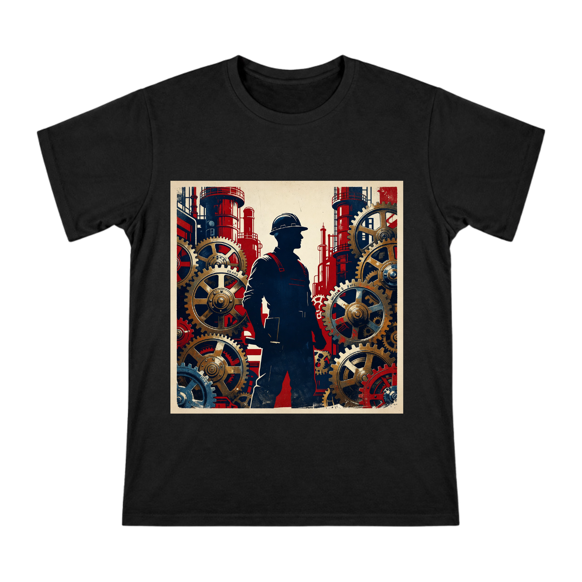 Industrial Worker and Gear Vintage Illustration Men's Cotton T-Shirt front [ai-pod:f063e6d1e2462e6643678e0213f48e22]