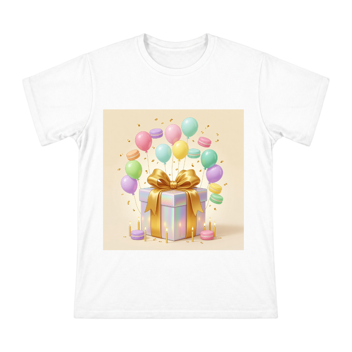 Rainbow Gift Box and Macaron Balloons Birthday Celebration T-Shirt front [ai-pod:2dd45f58d46016ee62fbe6ee6691f825]