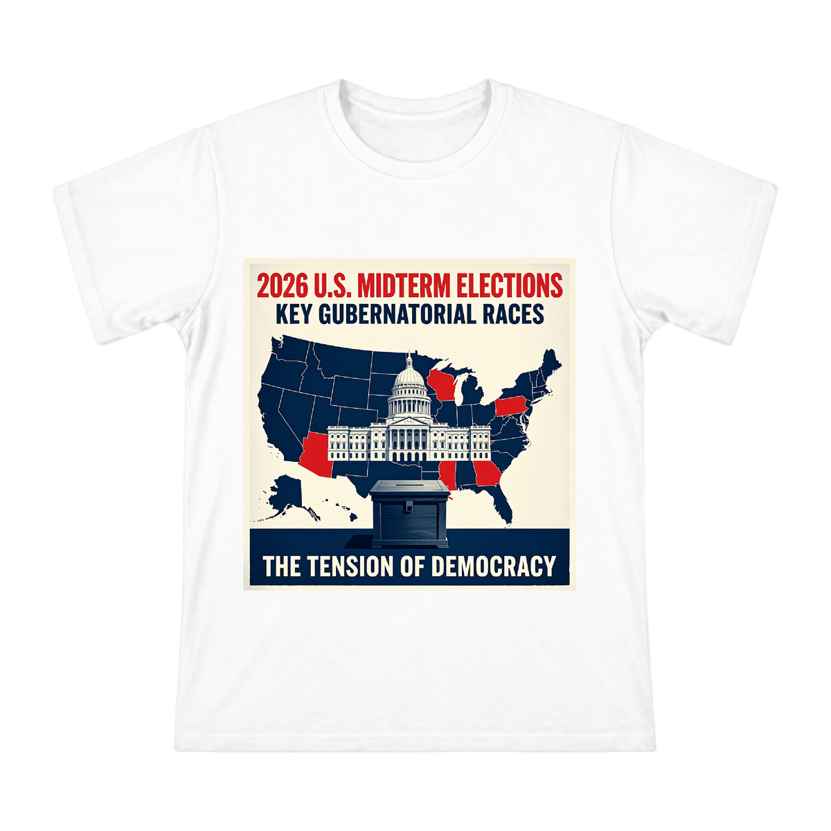2026 U.S. Midterm Elections Key State Gubernatorial Race Map Illustration Men's Short Sleeve T-Shirt front [ai-pod:688d509e193e7802237fef077ca3f3a6]