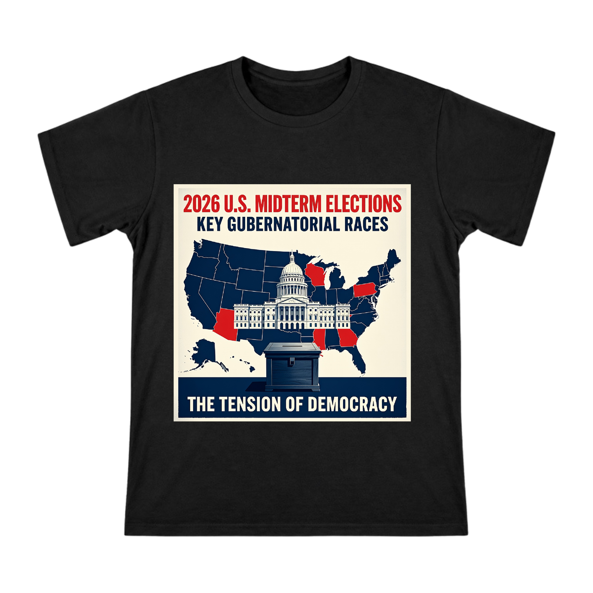 2026 U.S. Midterm Elections Key State Gubernatorial Race Map Illustration Men's Short Sleeve T-Shirt front [ai-pod:594459c4835be1351eadaa808e99a10e]