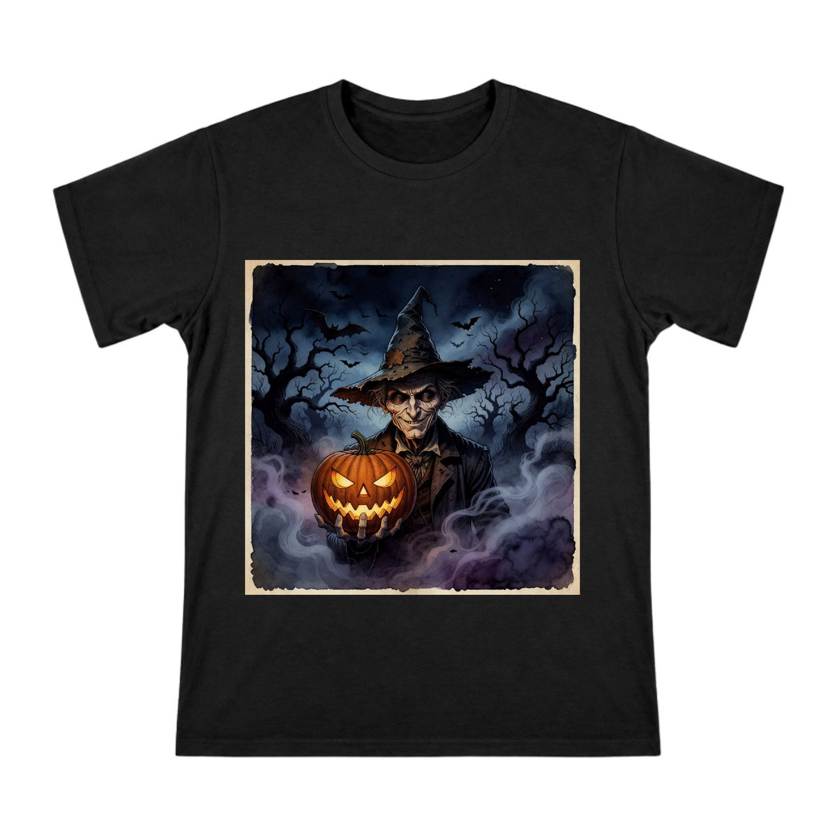 Dark Wizard and Glowing Jack-o'-Lantern Halloween T-Shirt front [ai-pod:c58d62a0b75757409748e30901f1344e]