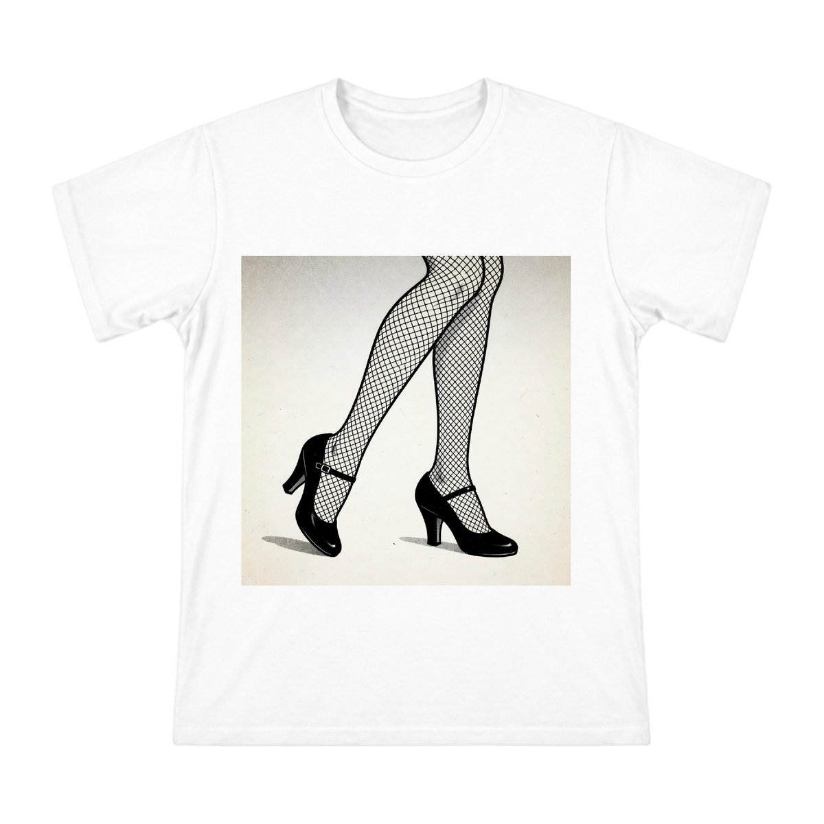 Vintage Jazz Age Fishnet Stockings and Mary Jane Heels Custom Men's Cotton T-Shirt front [ai-pod:33e0f3d33c3b40453a7bbd681a5beff1]