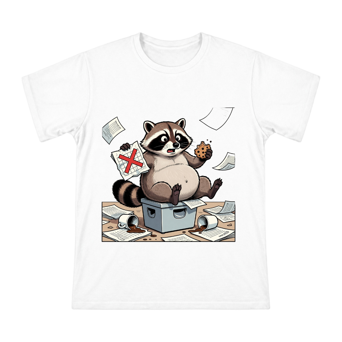 Stressed Raccoon at Office Desk Men's Premium Cotton T-Shirt front [ai-pod:e4cfae2f69e1251cb71ea812667b080f]