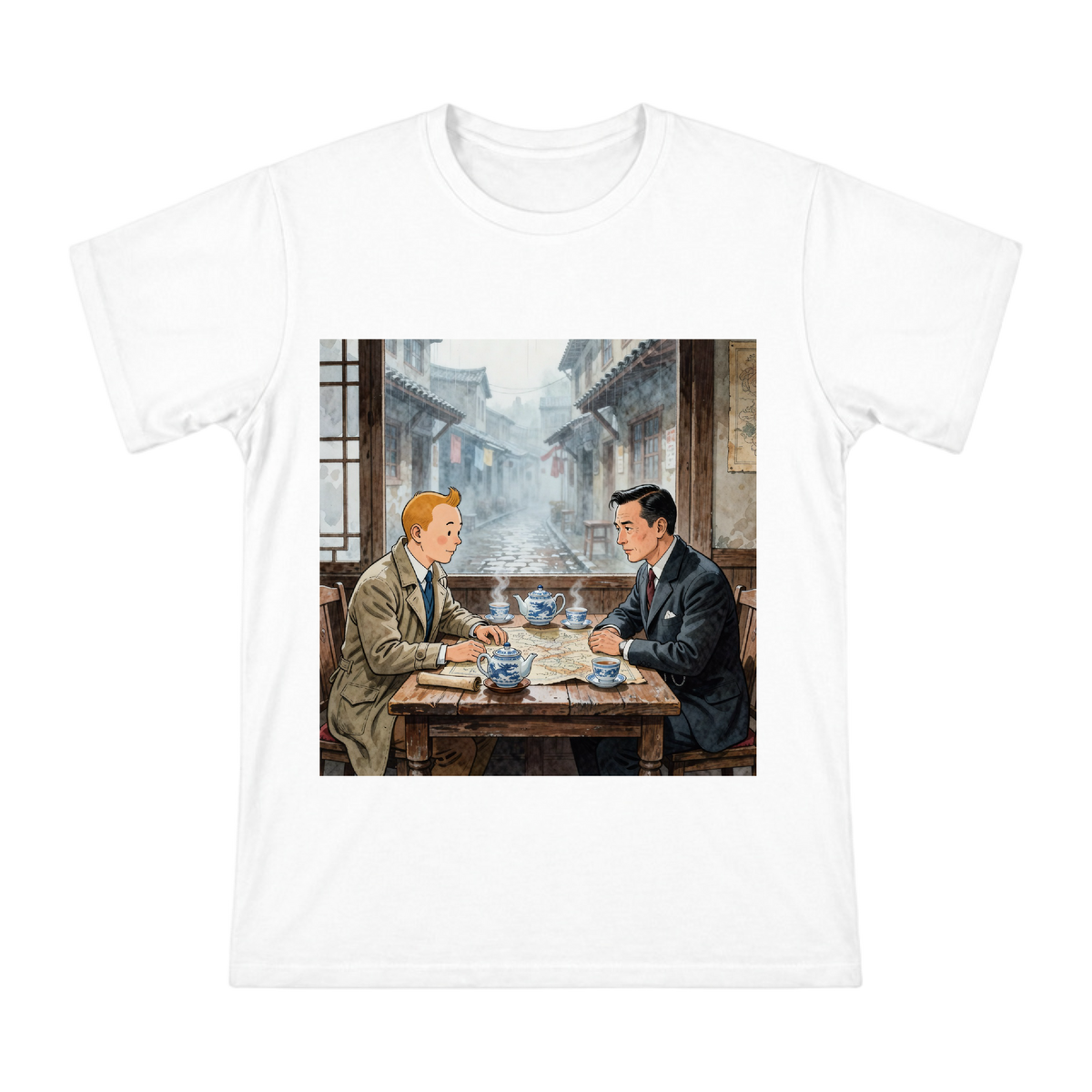 Tintin and Zhang Chongren Shanghai Tea Scene Men's Cotton T-Shirt front [ai-pod:76ce16083961a9b813d586ffcea23974]
