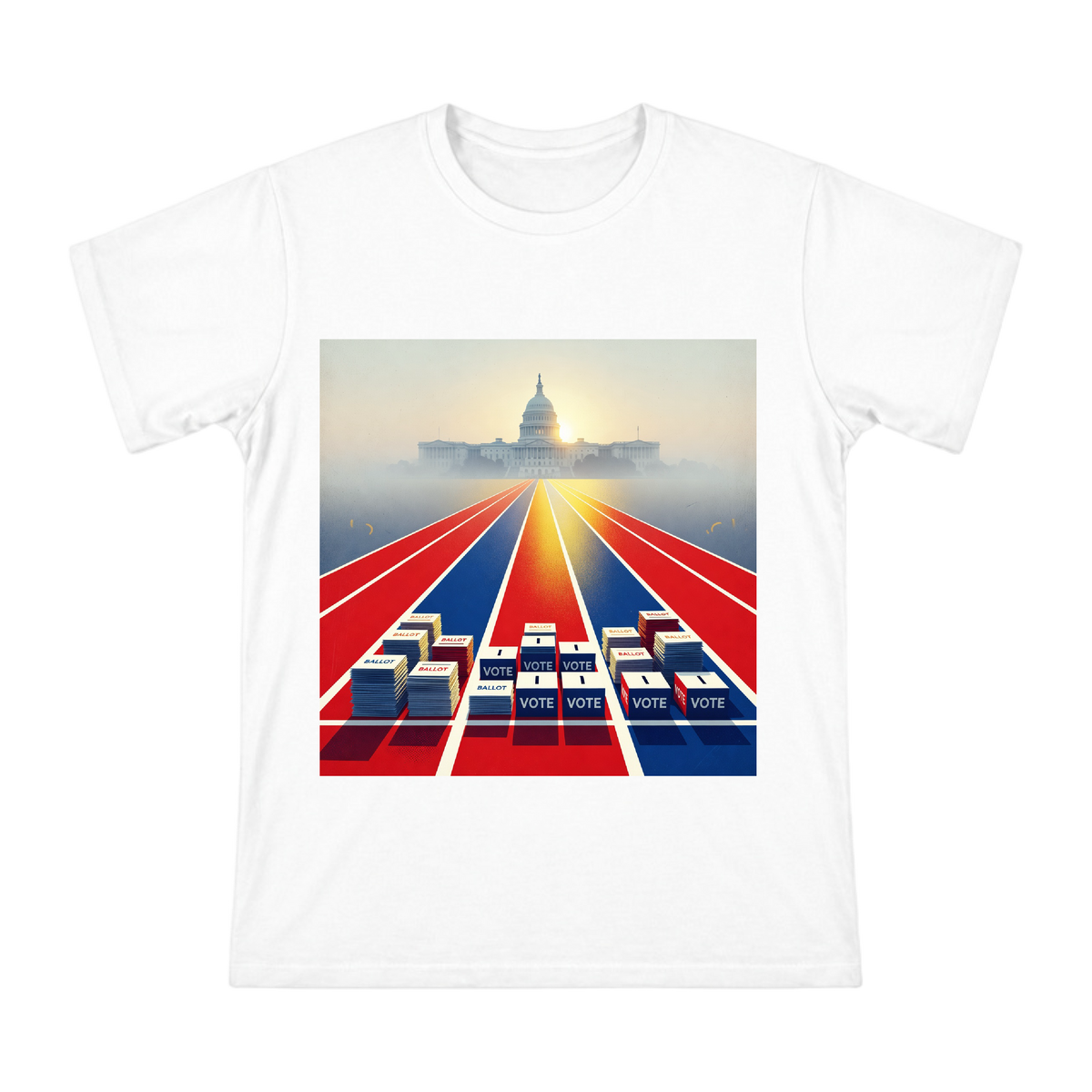 Democracy Sprint on Red, White, and Blue Track Men's Custom T-Shirt front [ai-pod:6e2f40e345814515937c8577701a6f95]