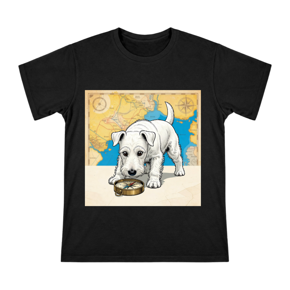Wire Fox Terrier with Vintage Compass Line Art Men's Cotton T-Shirt front [ai-pod:868bd62a4af472175a4a74c61a0c32ab]