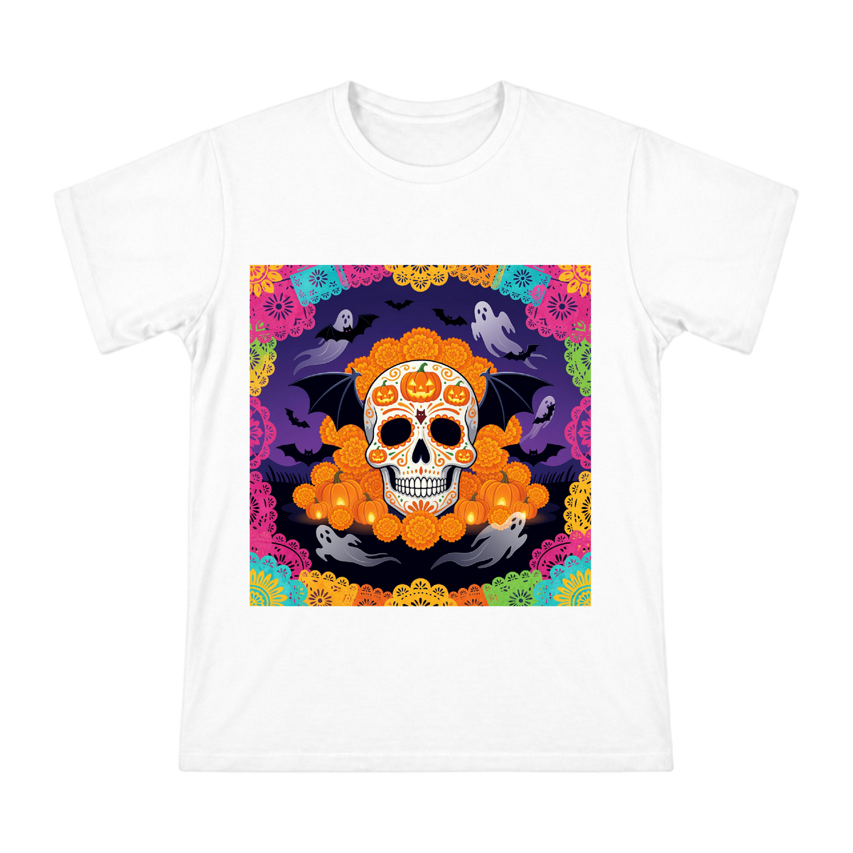 Day of the Dead Sugar Skull with Pumpkin and Marigolds Custom Men's T-Shirt front [ai-pod:51ea819d4cf0a7a676f0ee9feb02187f]