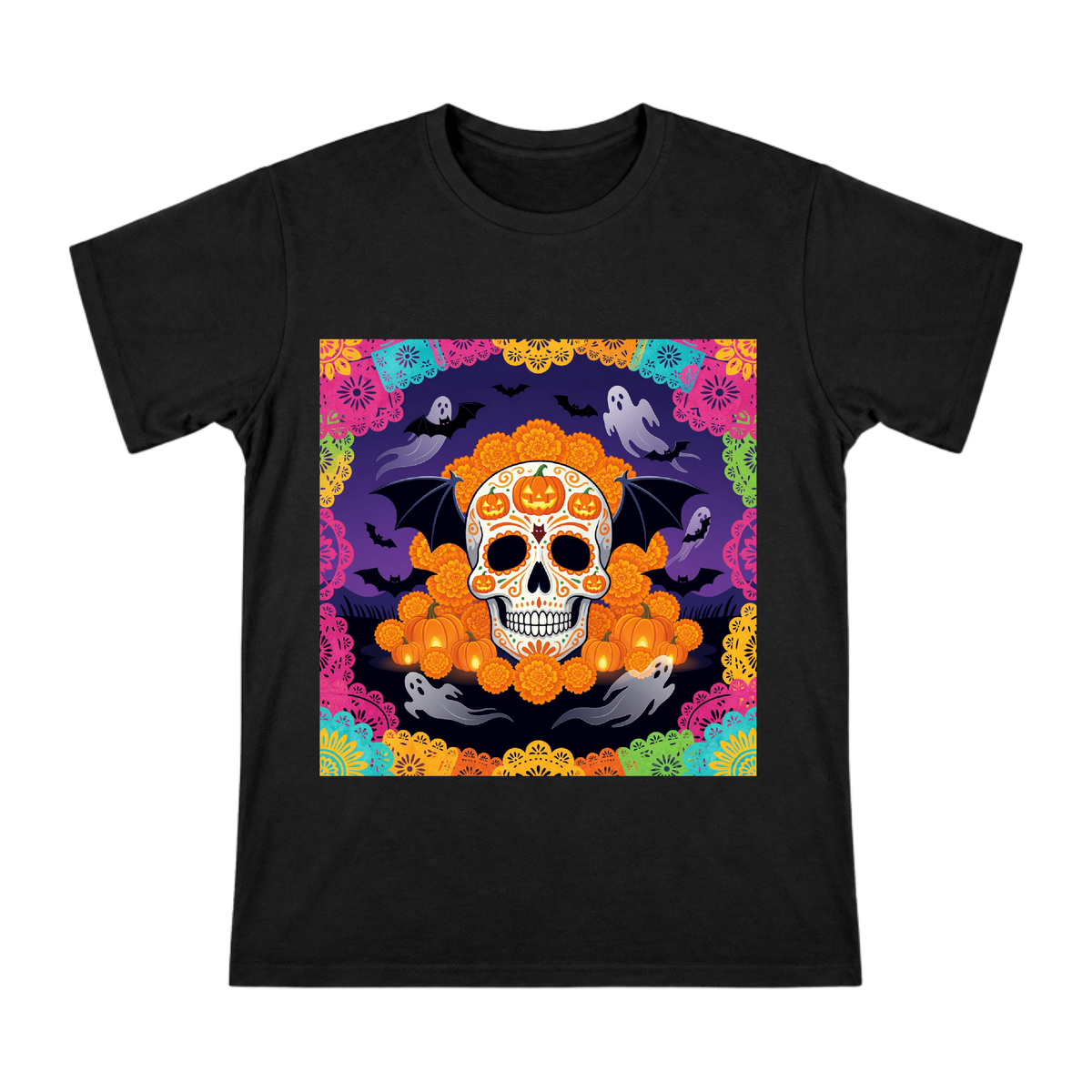 Day of the Dead Sugar Skull with Pumpkin and Marigolds Custom Men's T-Shirt front [ai-pod:0358deff0cf2a595b347e78232350e30]