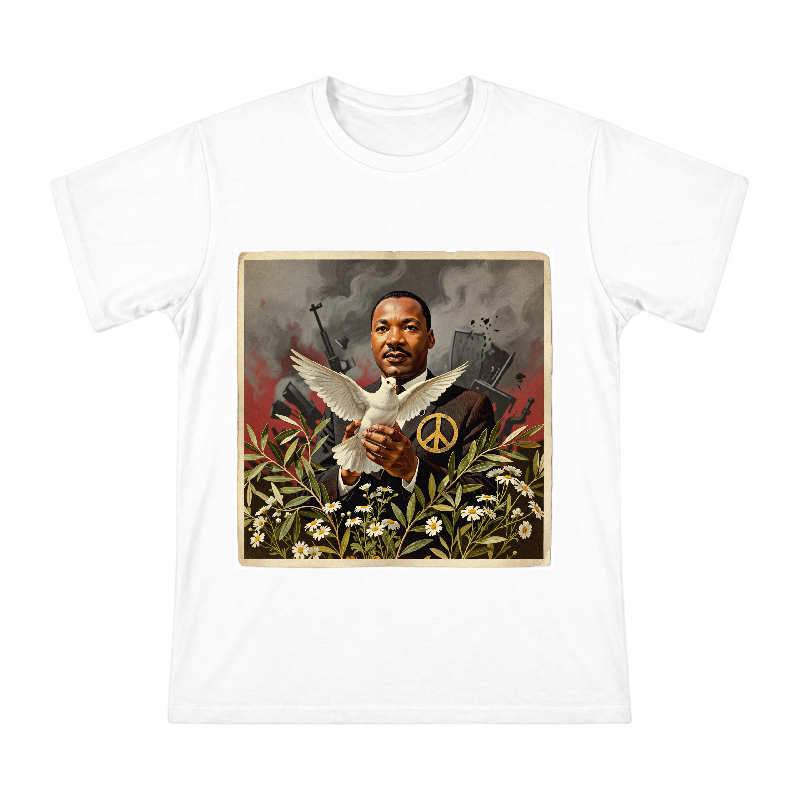 Martin Luther King Jr. Peace Vision T-Shirt with Olive Branches and Dove front [ai-pod:73d0170f7d50c8cc323cd18c4fa55302]