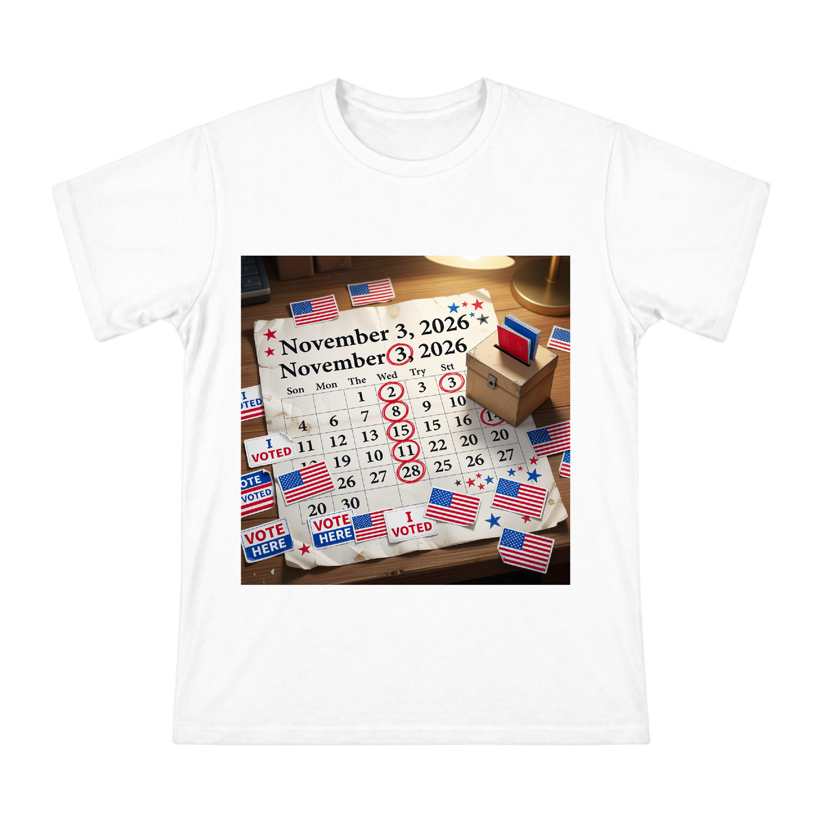 2026 US Election Calendar & Ballot Box Vintage Collage Men's Cotton T-Shirt front [ai-pod:16376025e90f7ea9762016b5aec9f022]