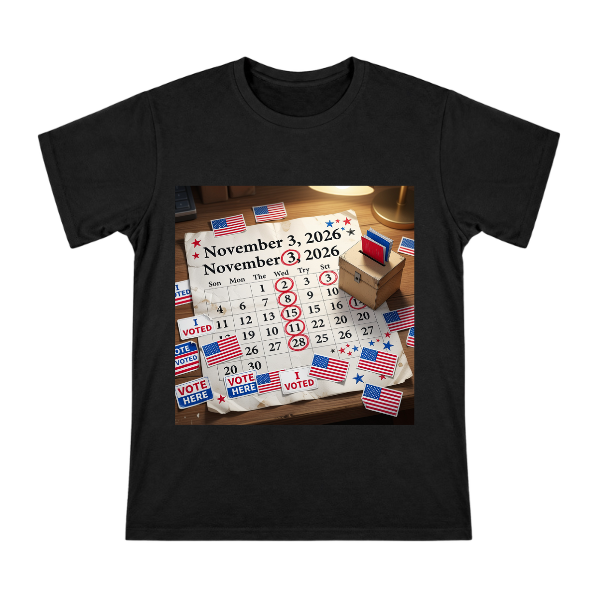 2026 US Election Calendar & Ballot Box Vintage Collage Men's Cotton T-Shirt front [ai-pod:31d0d42907aa4349b0629df1ab2992cb]