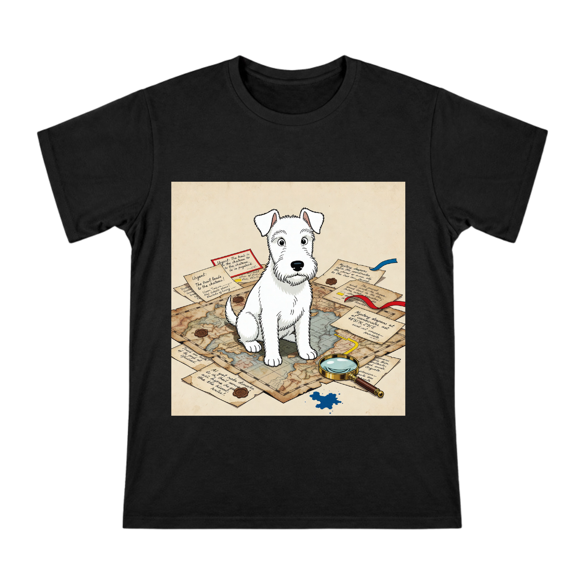 Wire Fox Terrier Detective on Vintage Map Custom T-Shirt front [ai-pod:0ca163eb0ff2127966d8a7408b3d5af6]