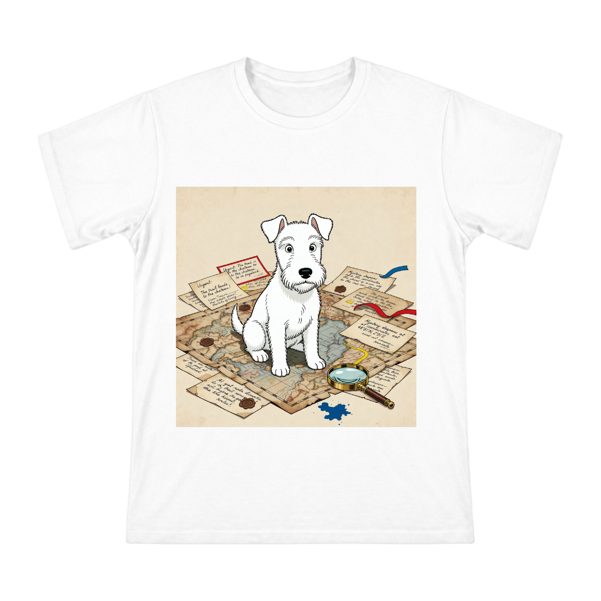 Wire Fox Terrier Detective on Vintage Map Custom T-Shirt front [ai-pod:32cfebf22888502a09bb43ce9545c4fd]