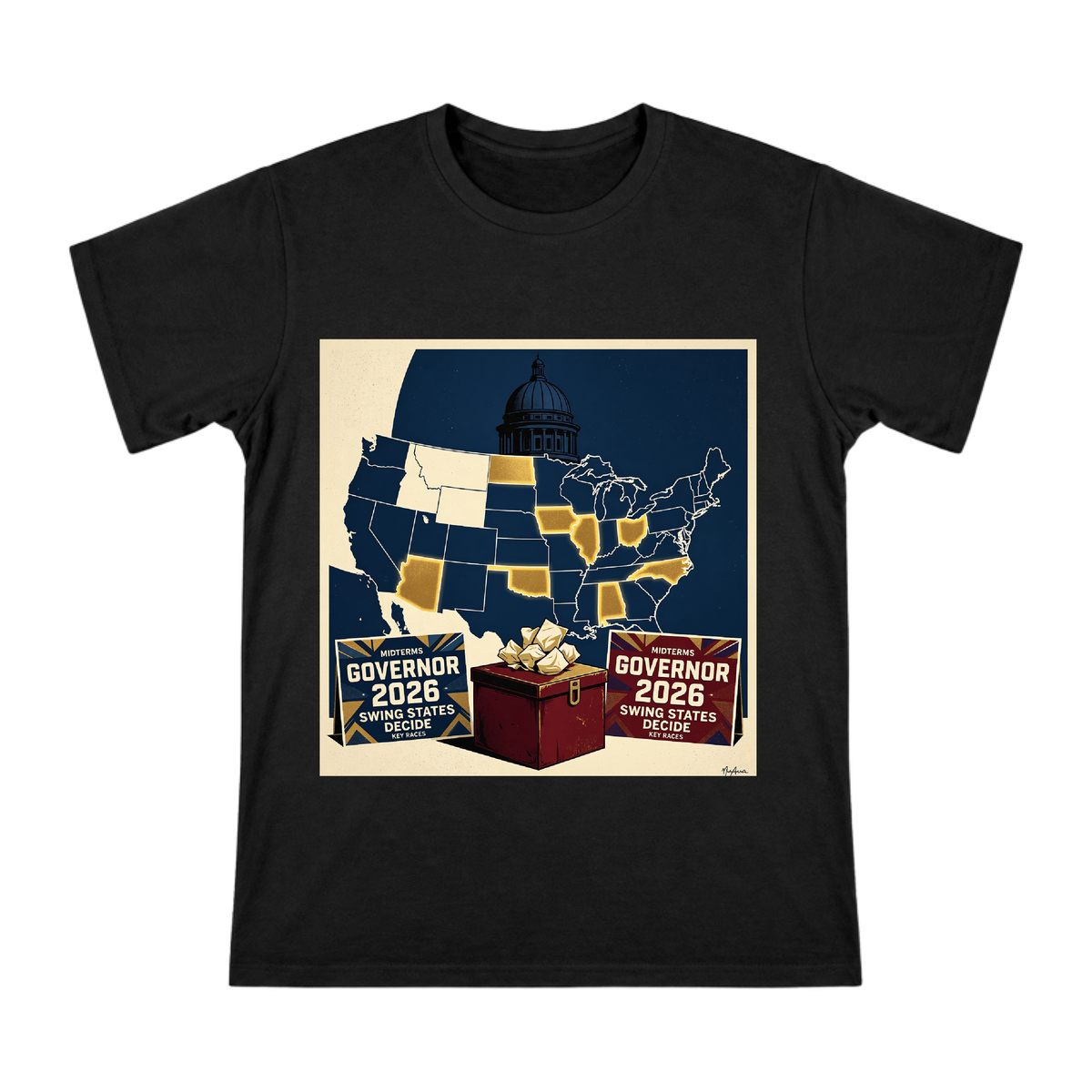 2026 Midterm Election Swing States Vintage Poster Men's Cotton T-Shirt front [ai-pod:2490a12c6a4c96057a908e02d37446db]