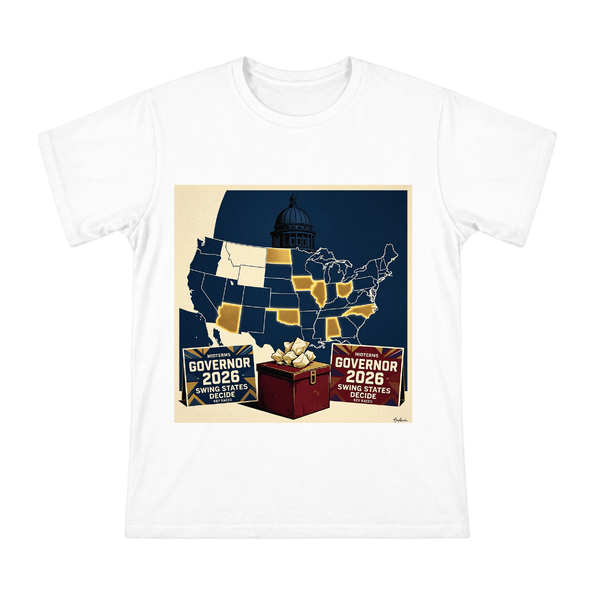 2026 Midterm Election Swing States Vintage Poster Men's Cotton T-Shirt front [ai-pod:42a67df38b7dfcde1a1c68cf8af7a65f]