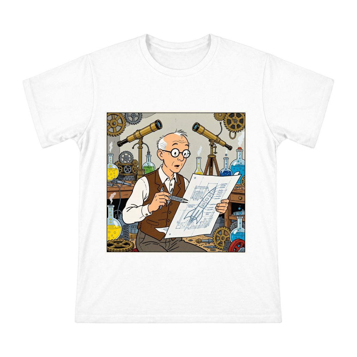 Retro Scientist with Rocket Blueprint Men's Short Sleeve T-Shirt front [ai-pod:d3b73a13b66dab15102cb6a56d9a98e2]