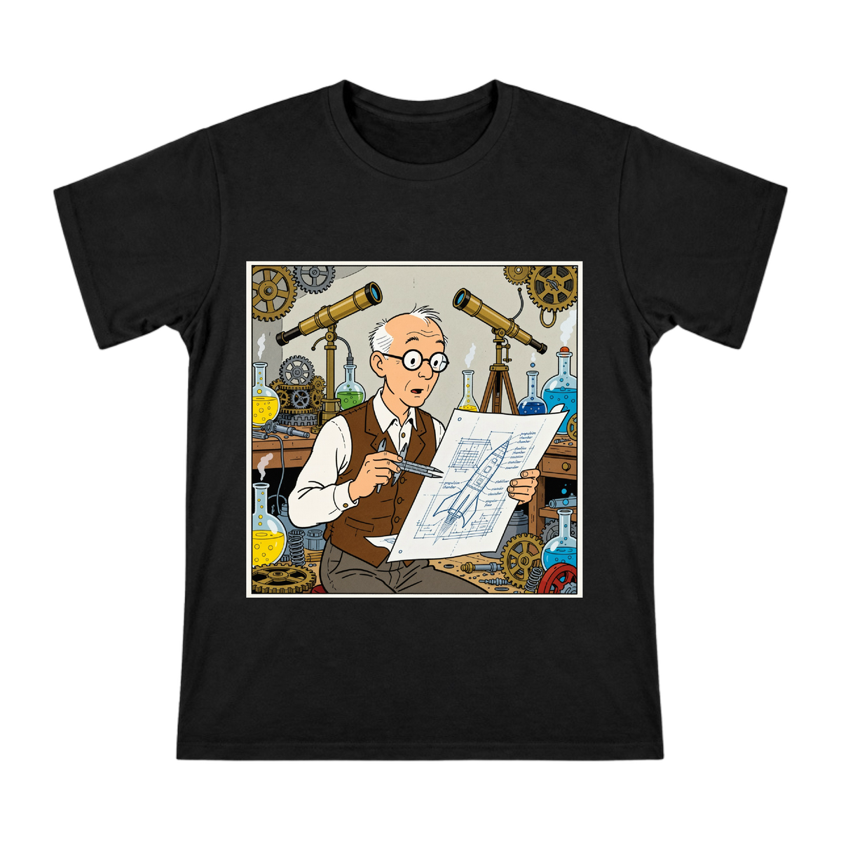 Retro Scientist with Rocket Blueprint Men's Short Sleeve T-Shirt front [ai-pod:49527a00b0afff2241d0364bb78a873b]