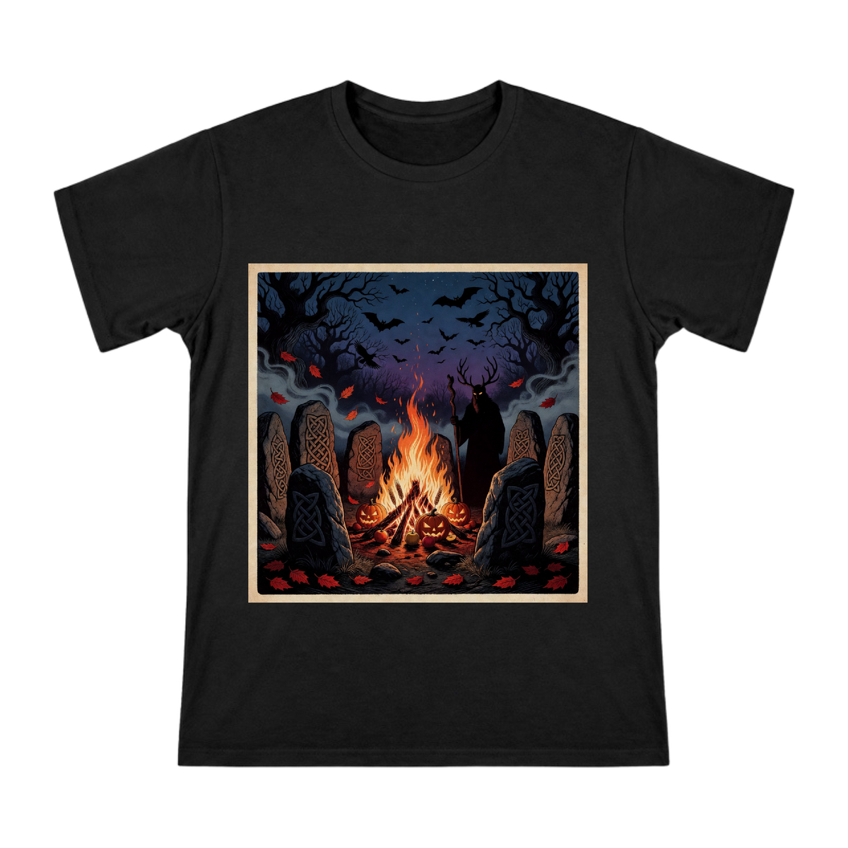 Samhain Bonfire and Celtic Stone Circle Men's Custom T-Shirt front [ai-pod:734e9afcf2a8b51b397d9e9ffef94919]